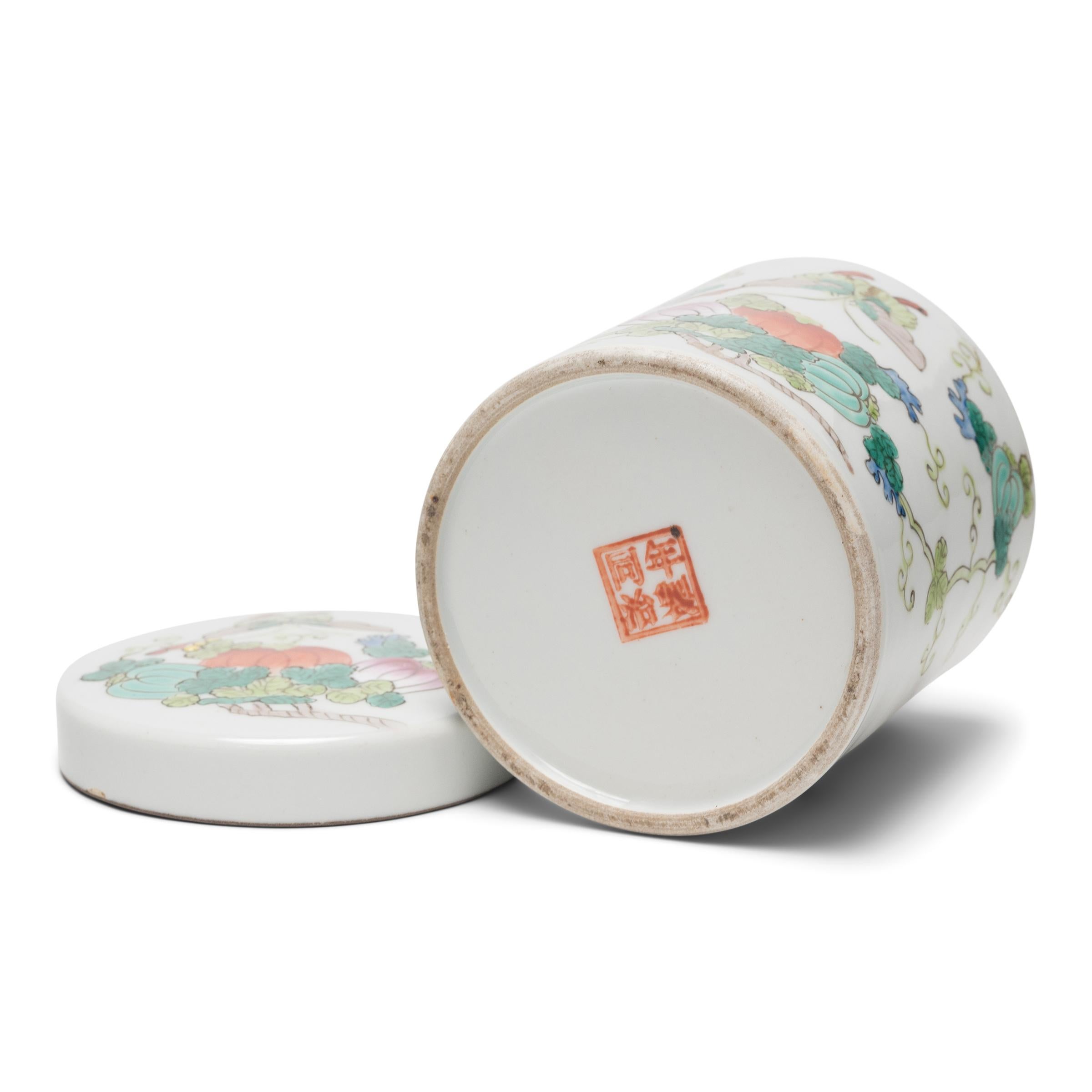 Pair of Chinese Famille Rose Butterfly & Gourd Containers, c. 1920 For Sale 1