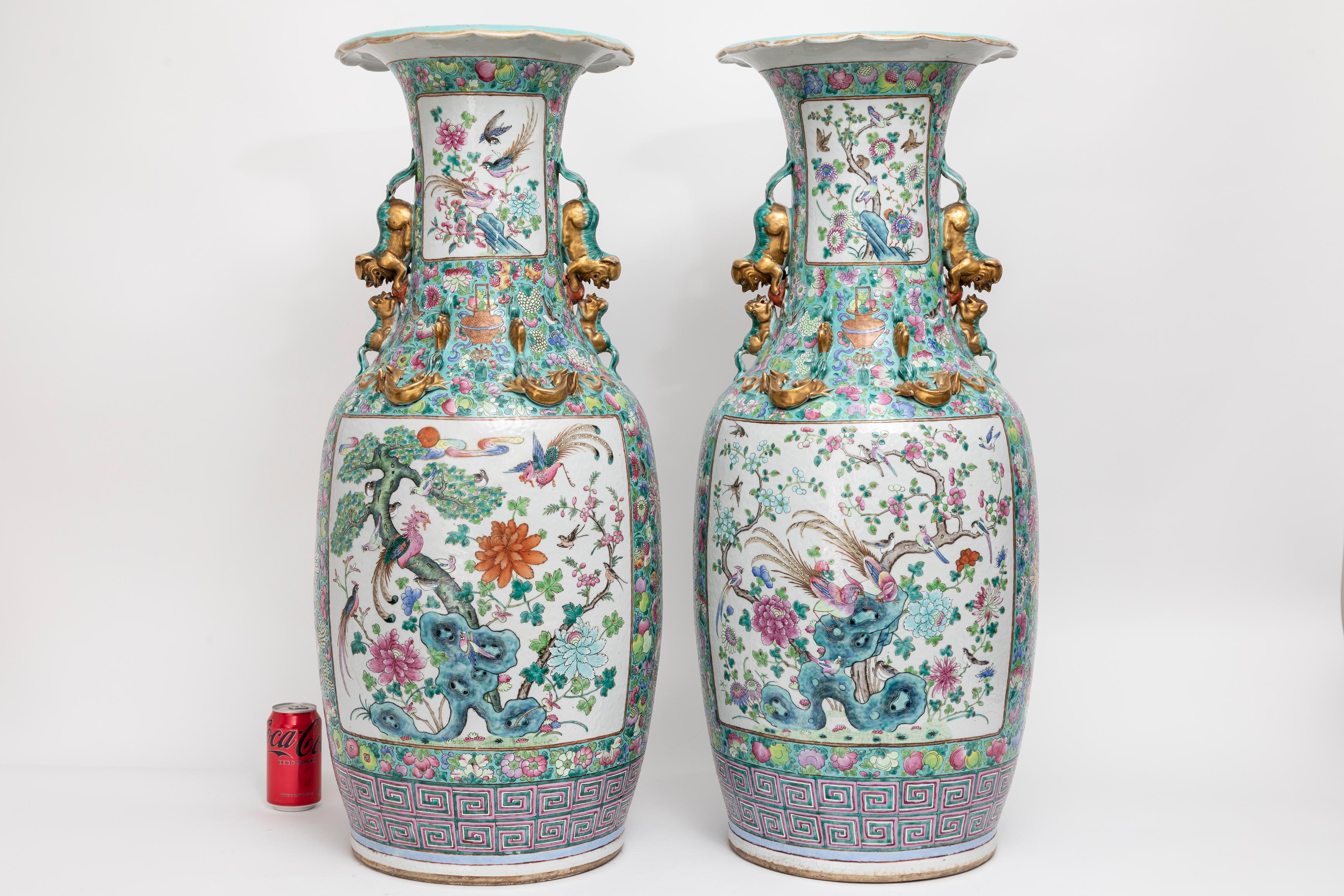 Qing Pair of Chinese Famille Rose Decorated Porcelain Vases w/ Foo Dog Handles 1800s For Sale