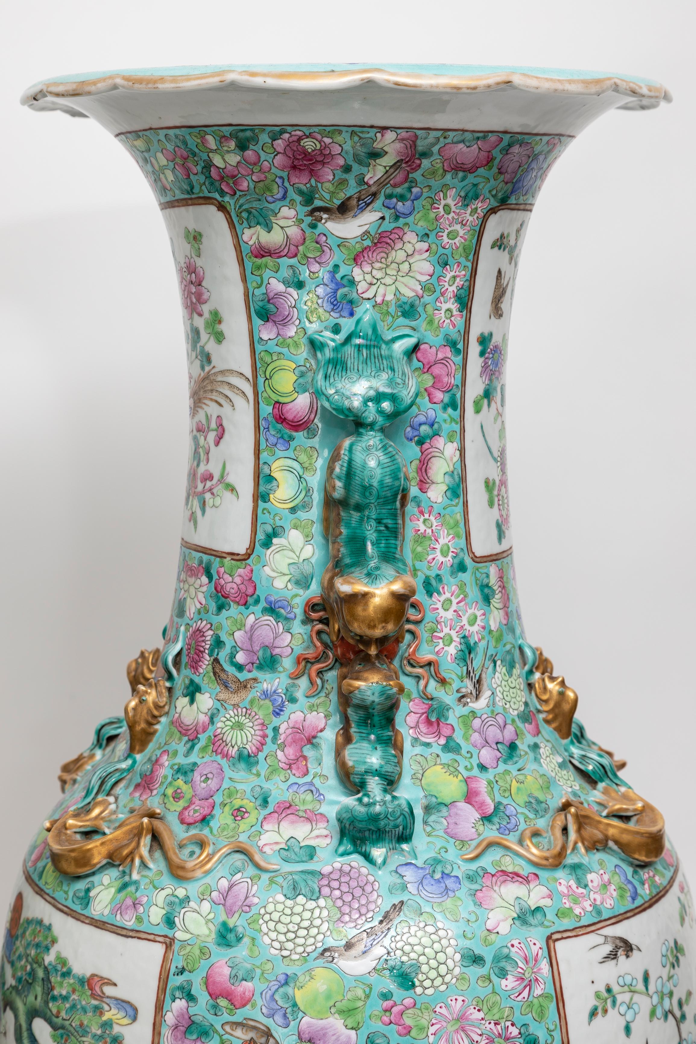 Mid-19th Century Pair of Chinese Famille Rose Decorated Porcelain Vases w/ Foo Dog Handles 1800s For Sale