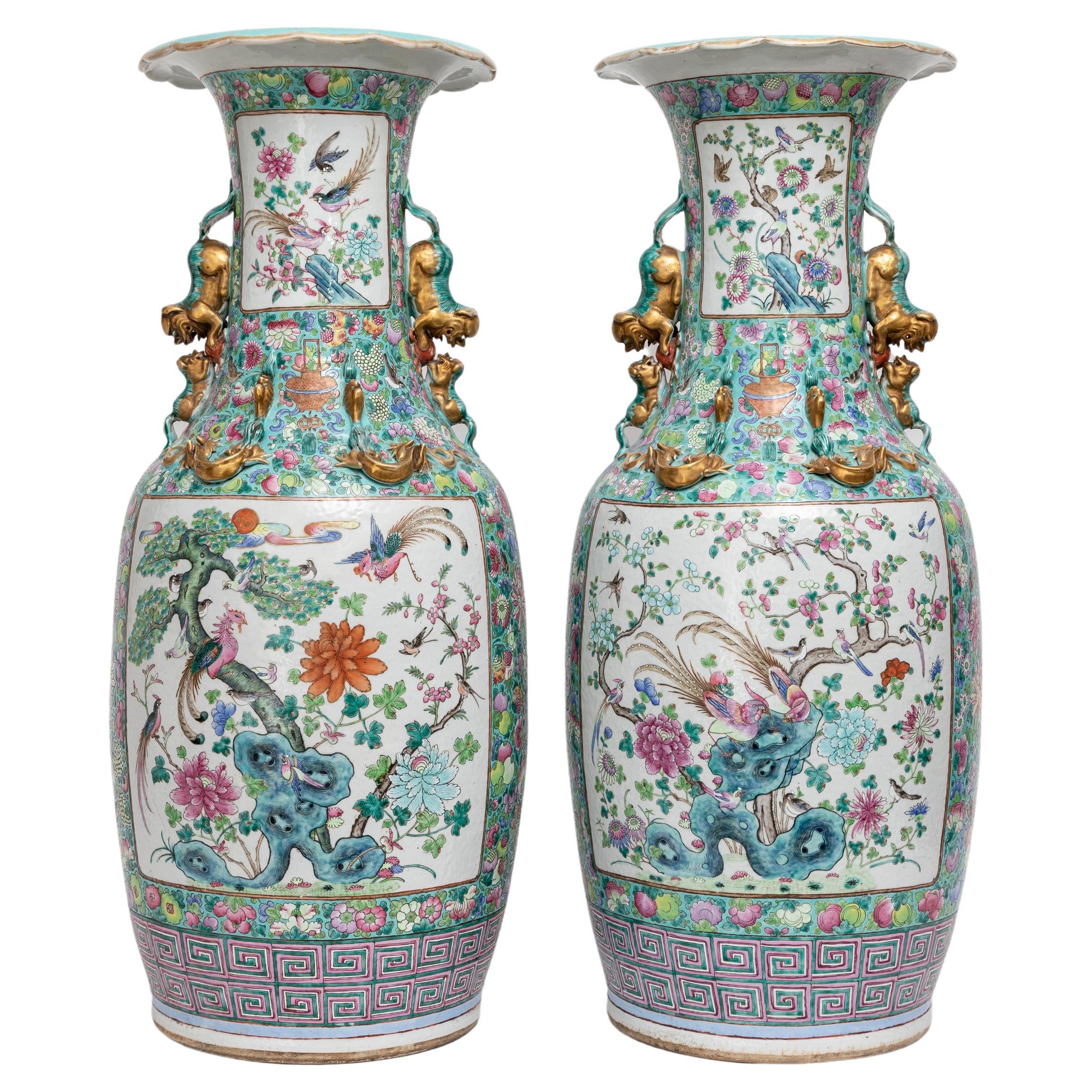 Pair of Chinese Famille Rose Decorated Porcelain Vases w/ Foo Dog Handles 1800s For Sale