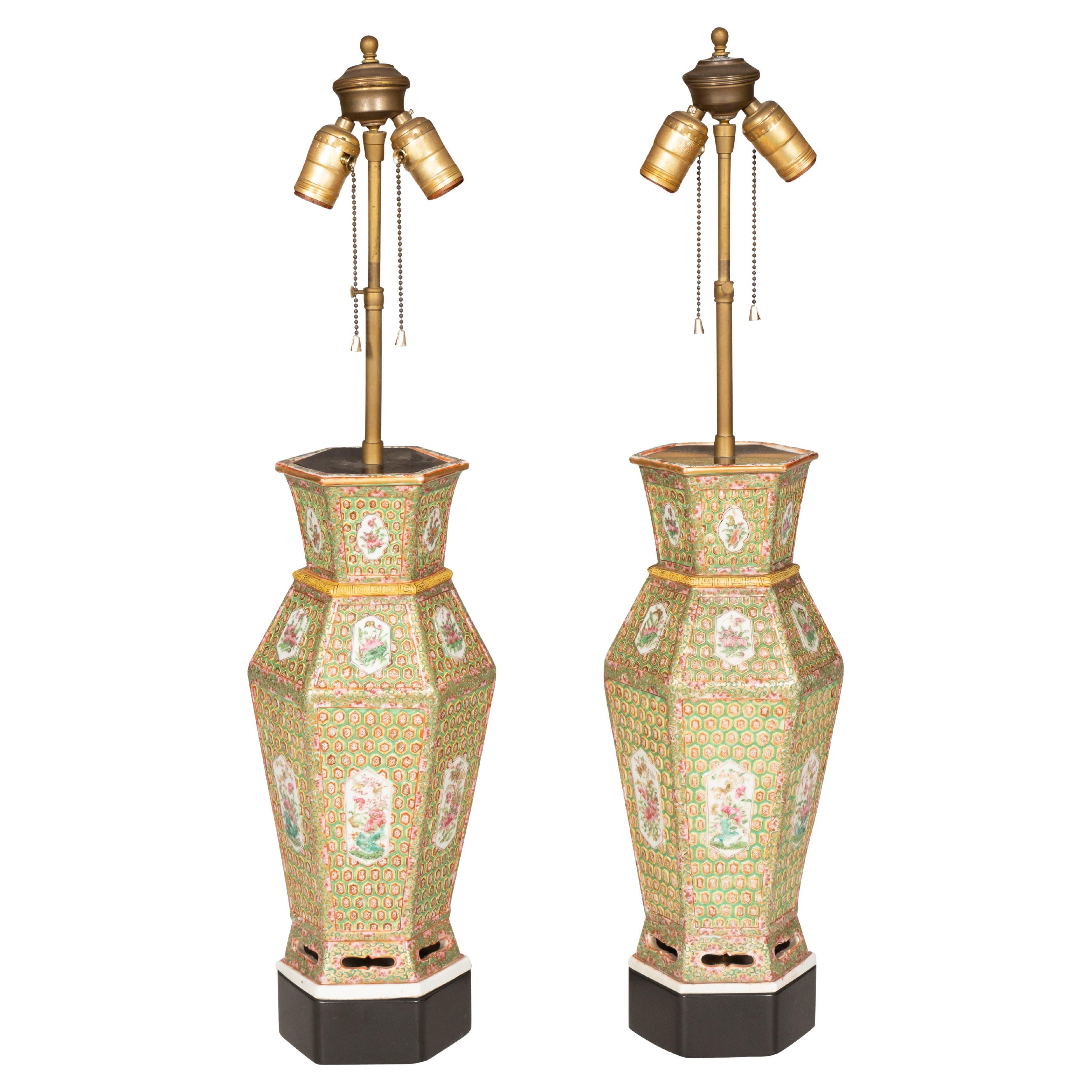 Pair Of Chinese Famille Rose Hexagonal Table Lamps For Sale
