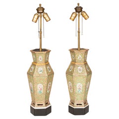 Pair Of Chinese Famille Rose Hexagonal Table Lamps