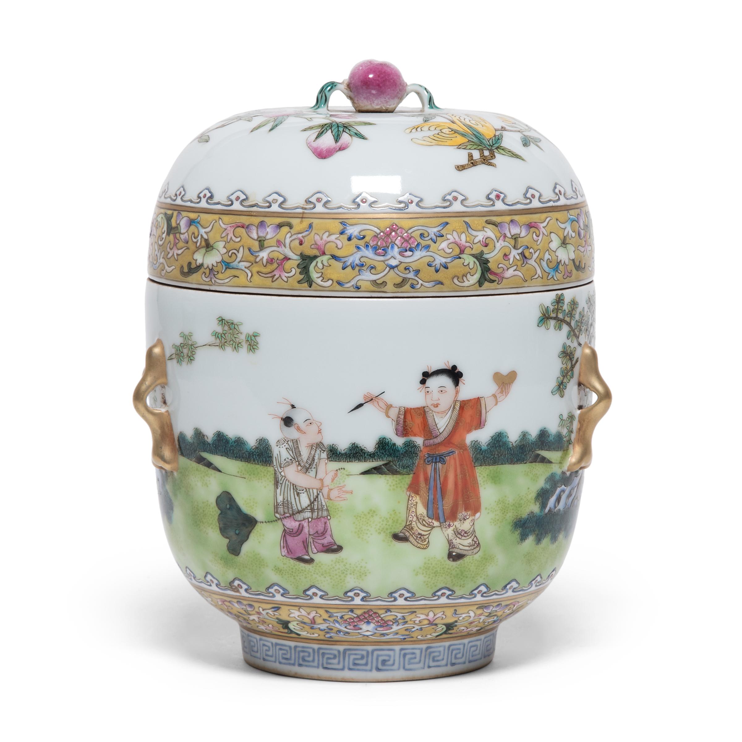 Glazed Pair of Chinese Famille Rose Jars with Boys at Play, c. 1900