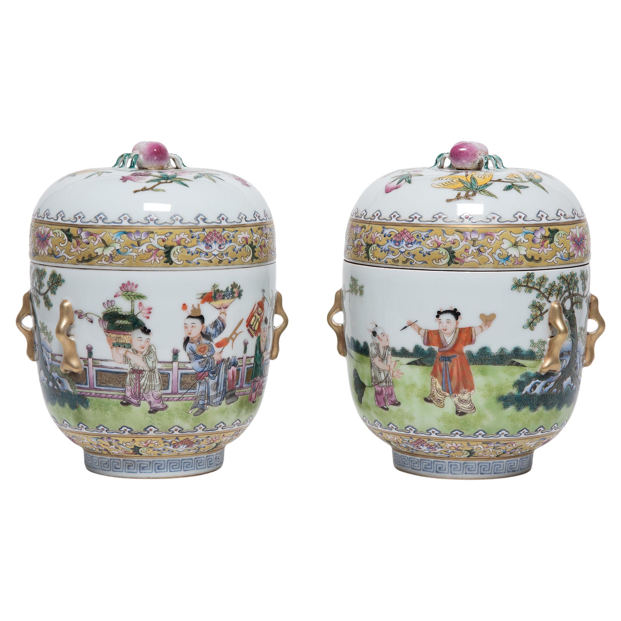 Pair of Chinese Famille Rose Jars with Boys at Play, c. 1900