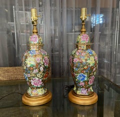 Pair of Chinese Famille Rose Millefleurs Porcelain Vase Table Lamps