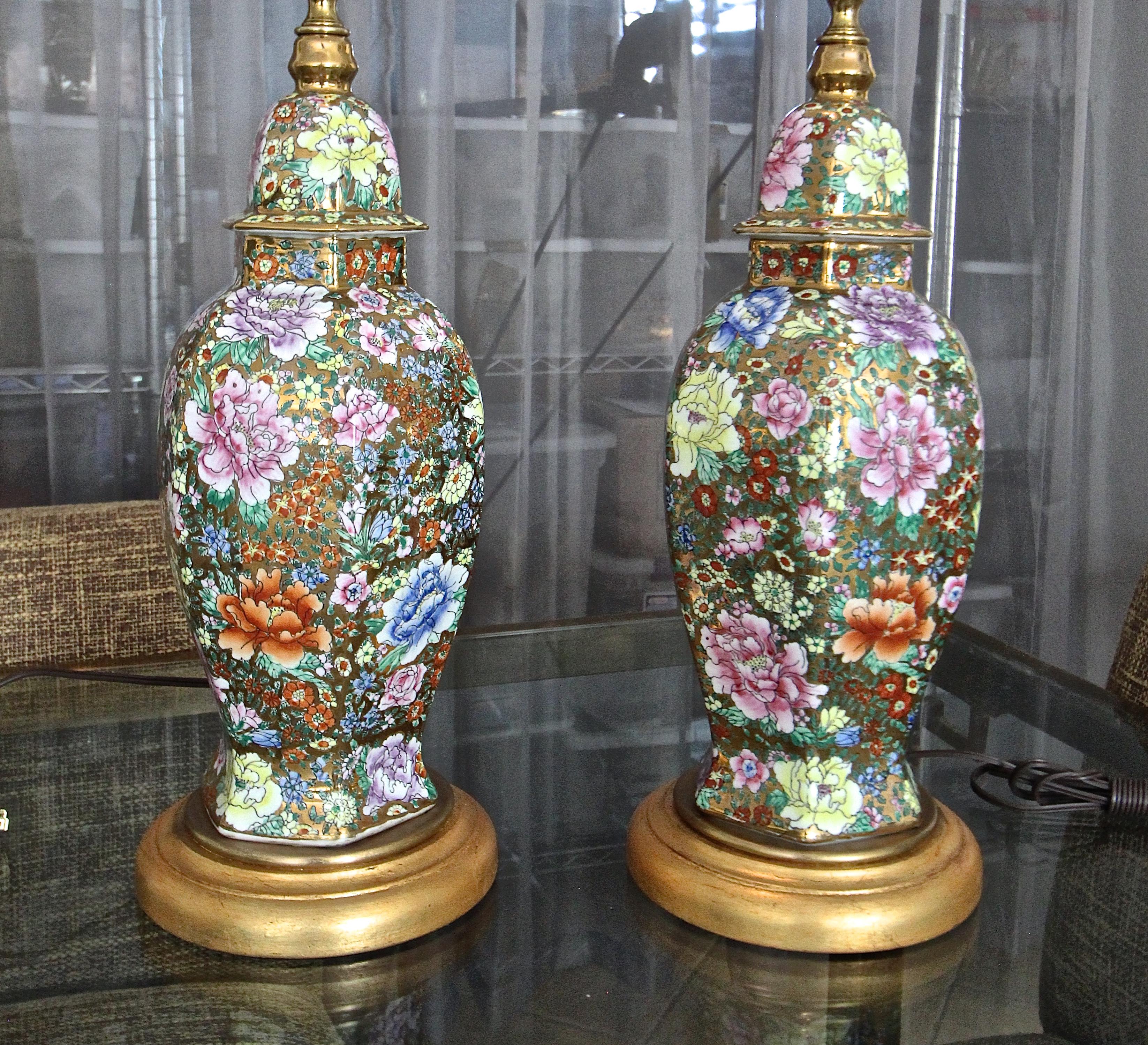 Brass Pair of Chinese Famille Rose Millefleurs Porcelain Vase Table Lamps