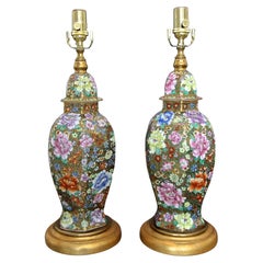 Pair of Chinese Famille Rose Millefleurs Porcelain Vase Table Lamps