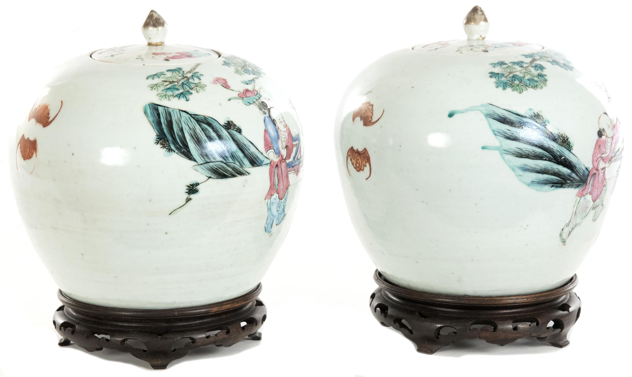 Chinese Export Pair of Chinese Famille Rose Ovoid Ginger Jars