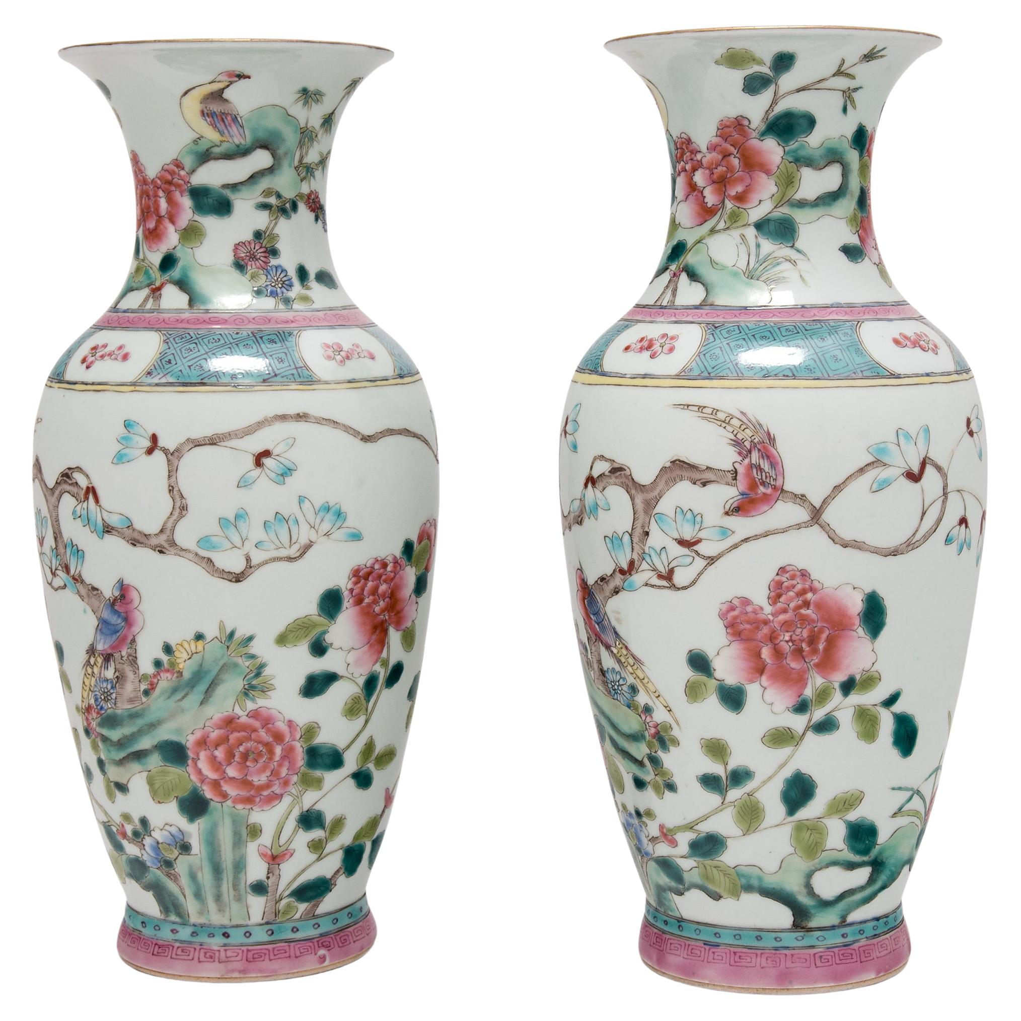 Pair of Chinese Famille Rose Phoenix Tail Vases, circa 1850