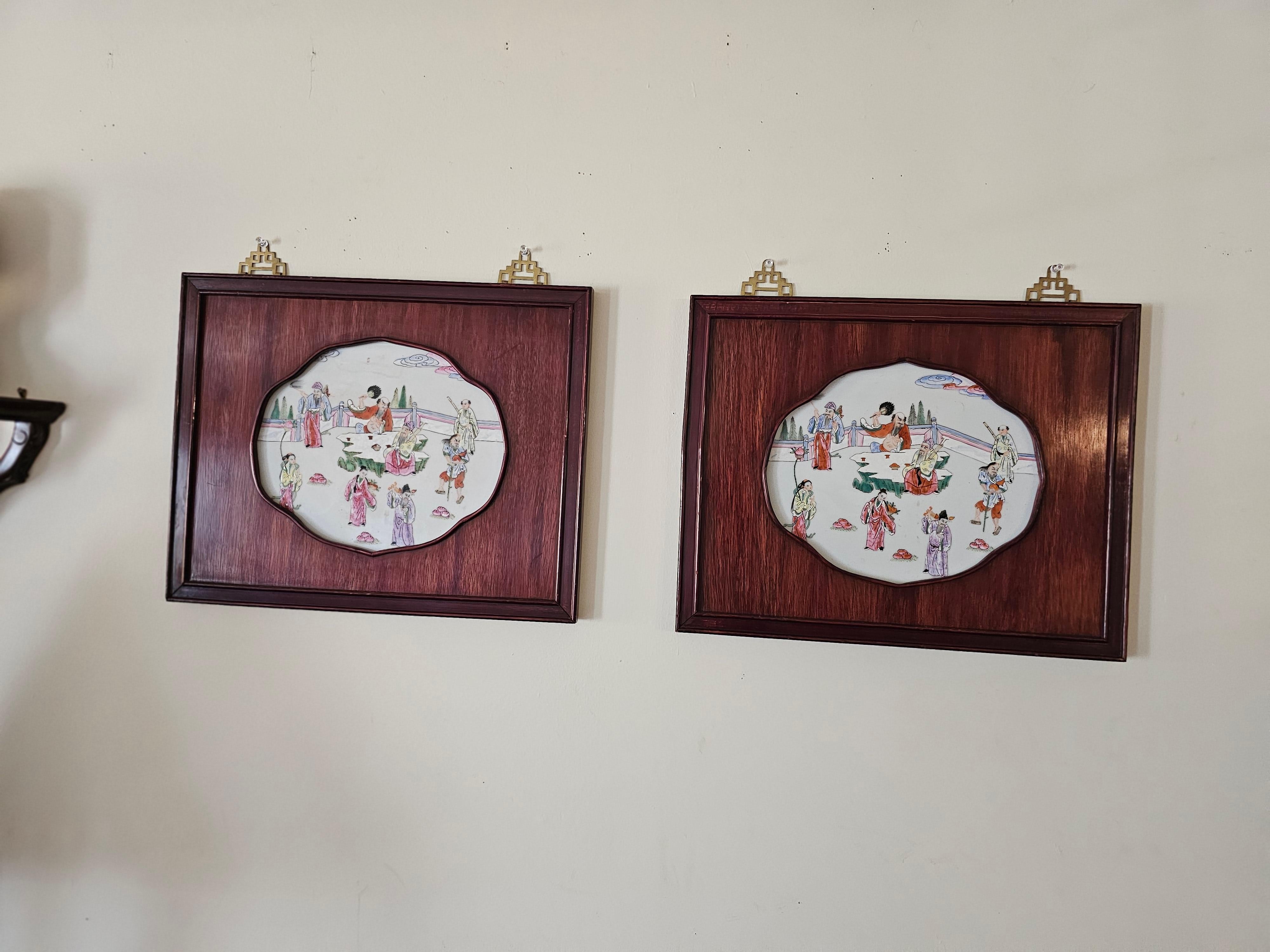 20th Century Pair Of Chinese 'Famille Rose' Plaques Depicting Immortals In Rosewood Frames For Sale