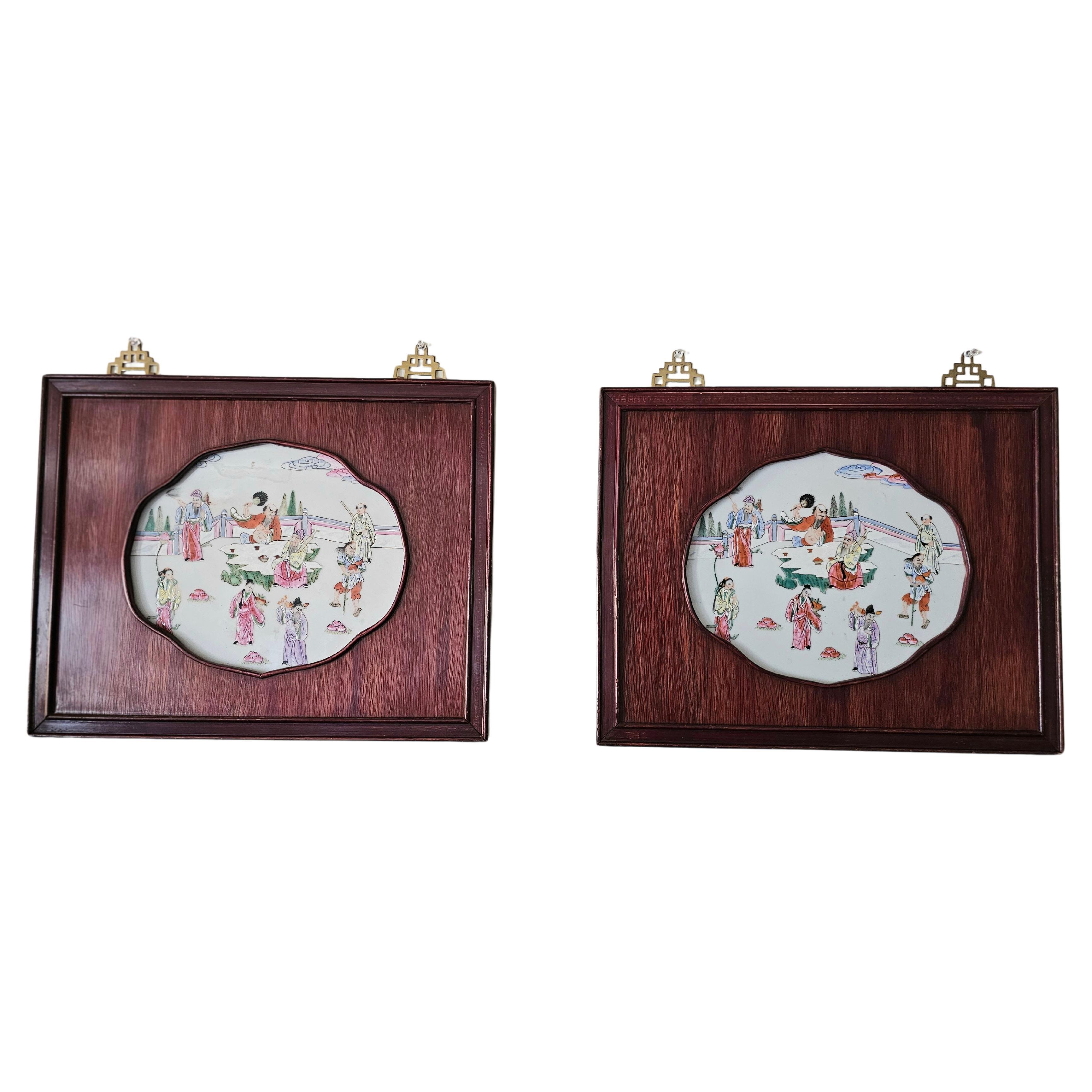 Pair Of Chinese 'Famille Rose' Plaques Depicting Immortals In Rosewood Frames For Sale