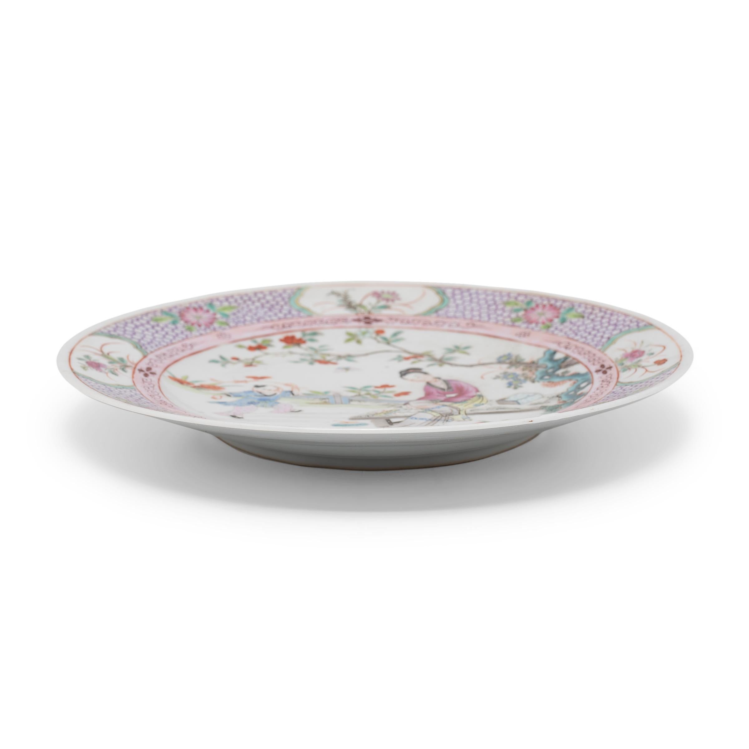 Chinese Export Pair of Chinese Famille Rose Plates with Garden Scenes, C. 1900 For Sale
