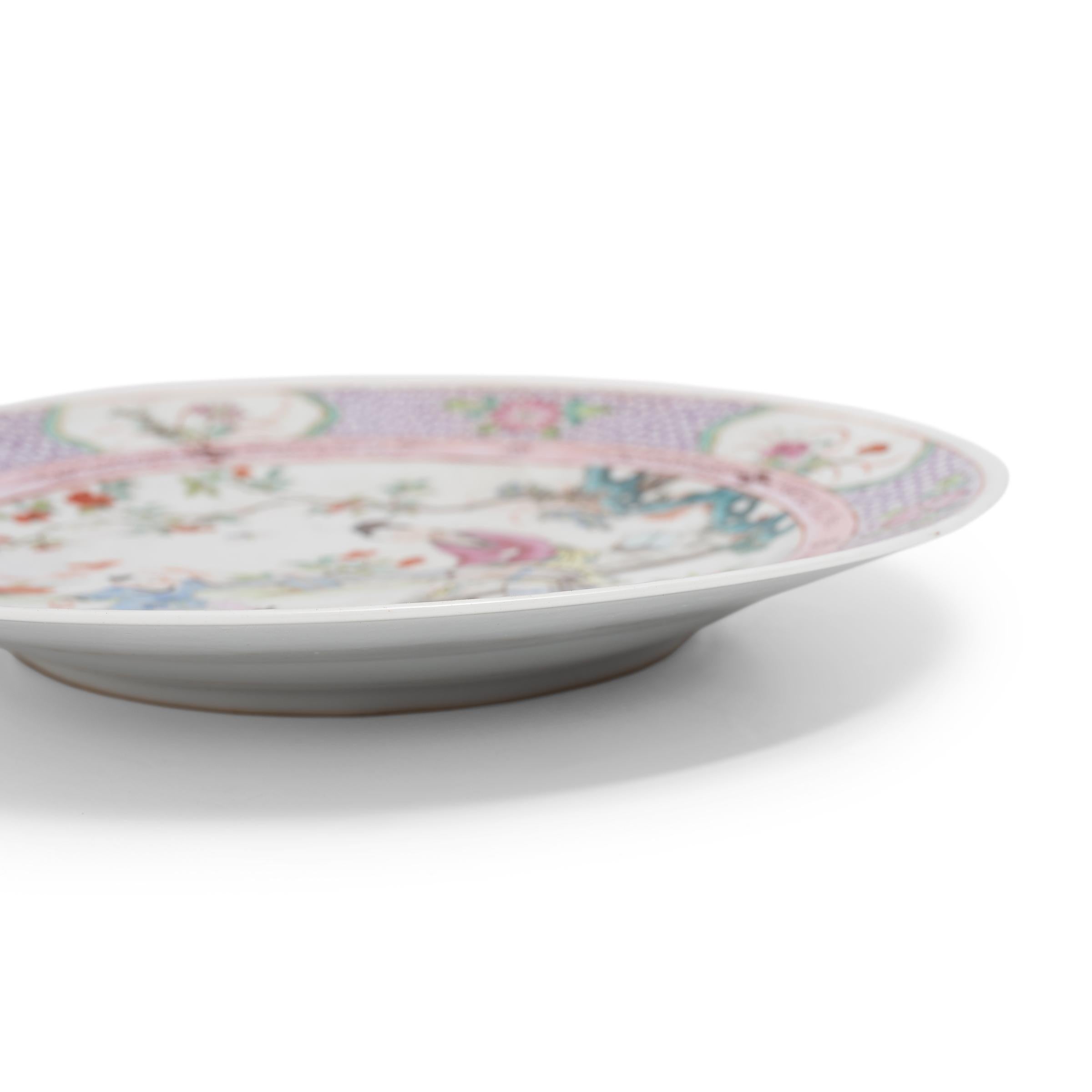 Enameled Pair of Chinese Famille Rose Plates with Garden Scenes, C. 1900 For Sale