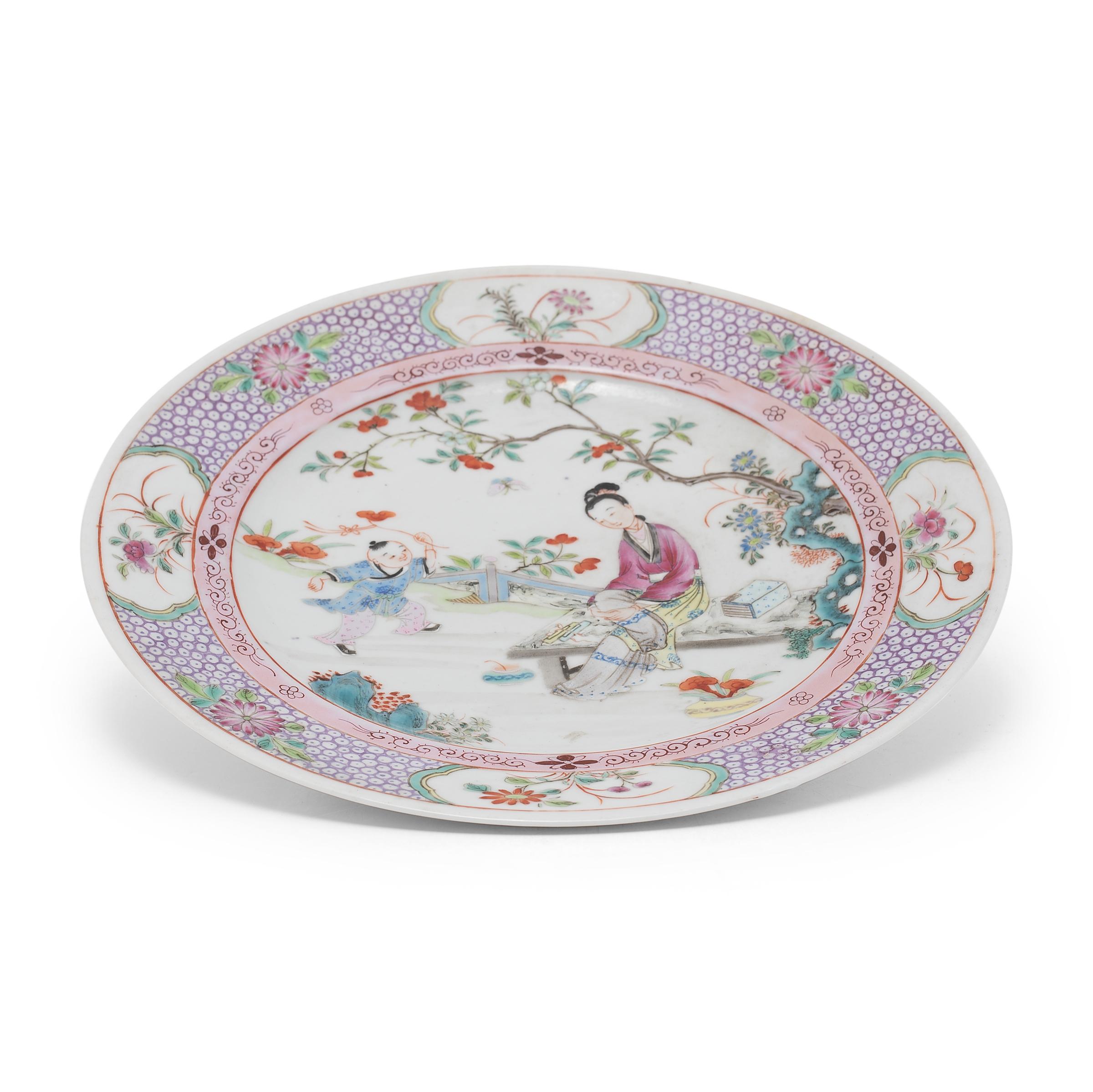 20th Century Pair of Chinese Famille Rose Plates with Garden Scenes, C. 1900 For Sale
