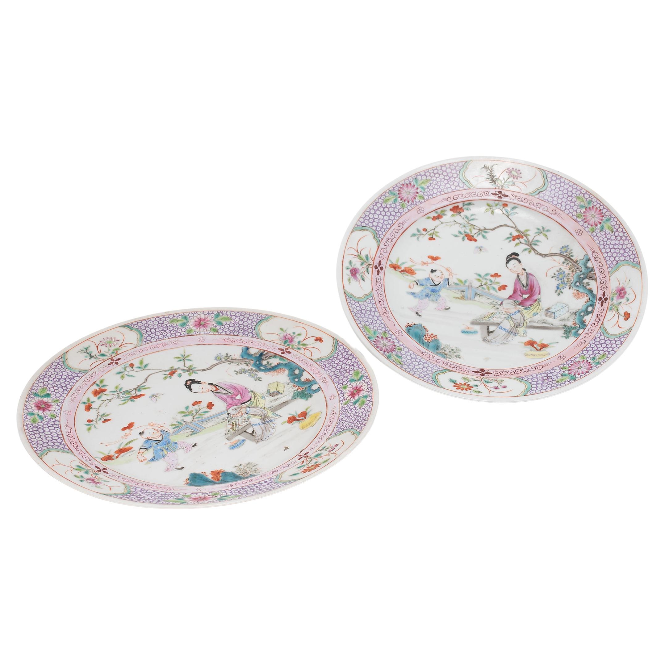 Pair of Chinese Famille Rose Plates with Garden Scenes, C. 1900 For Sale