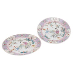 Antique Pair of Chinese Famille Rose Plates with Garden Scenes, C. 1900