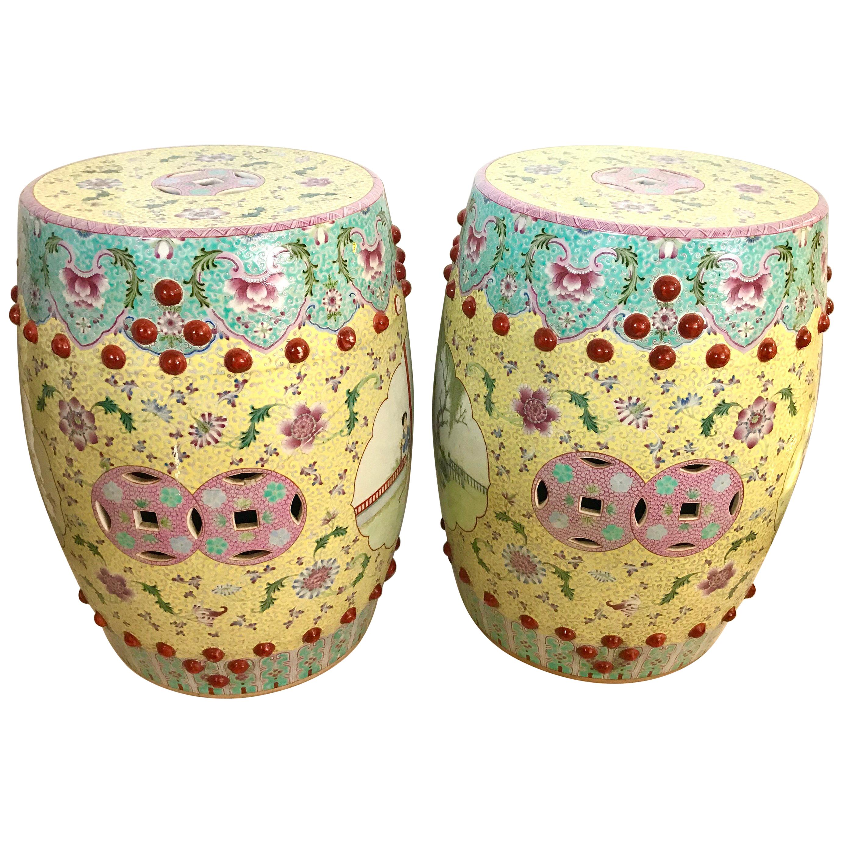 Pair of Chinese Famille Rose Porcelain Garden Stools Seats