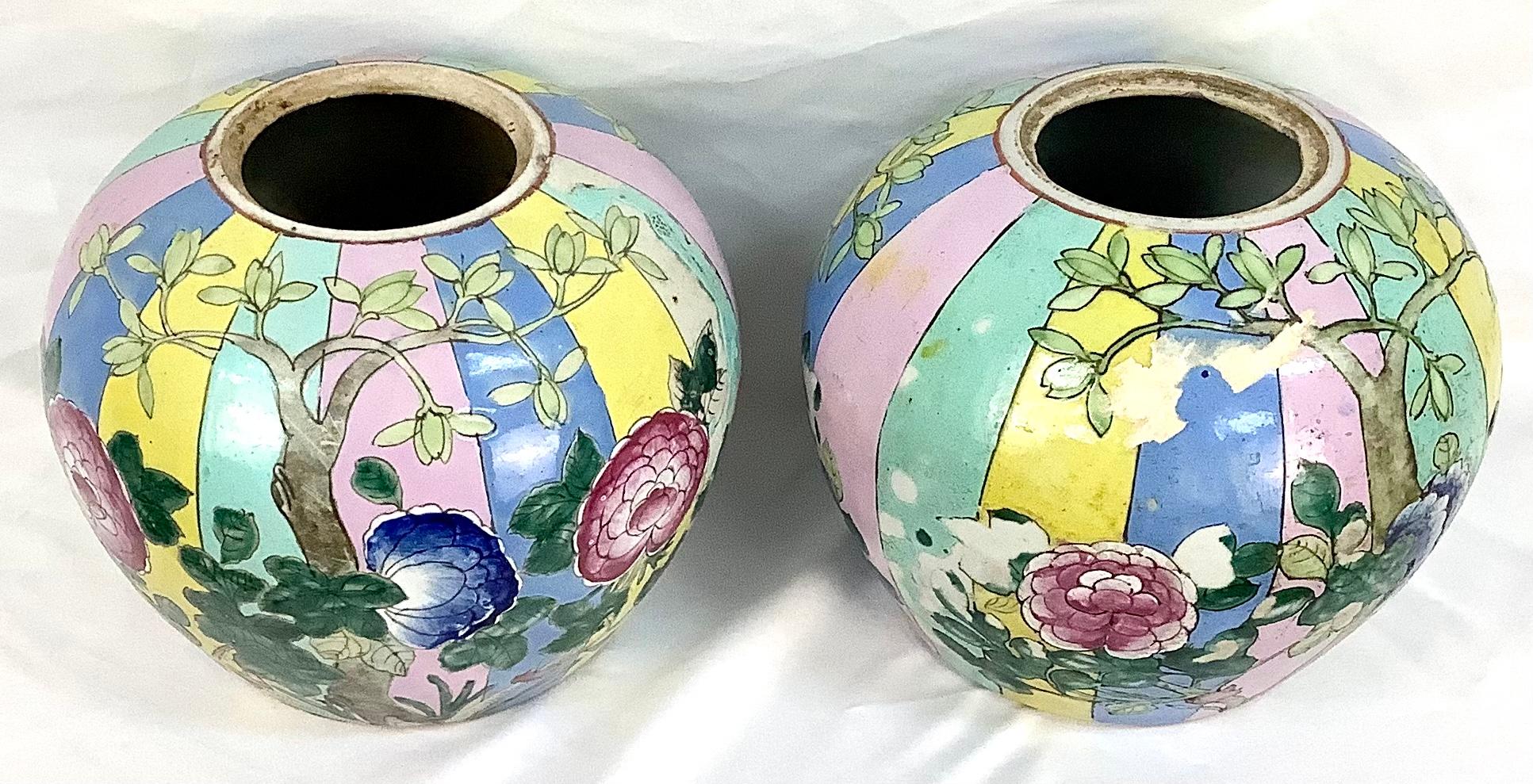 Chinese Export Pair of Chinese Famille Rose Porcelain Ginger Jars with Lids