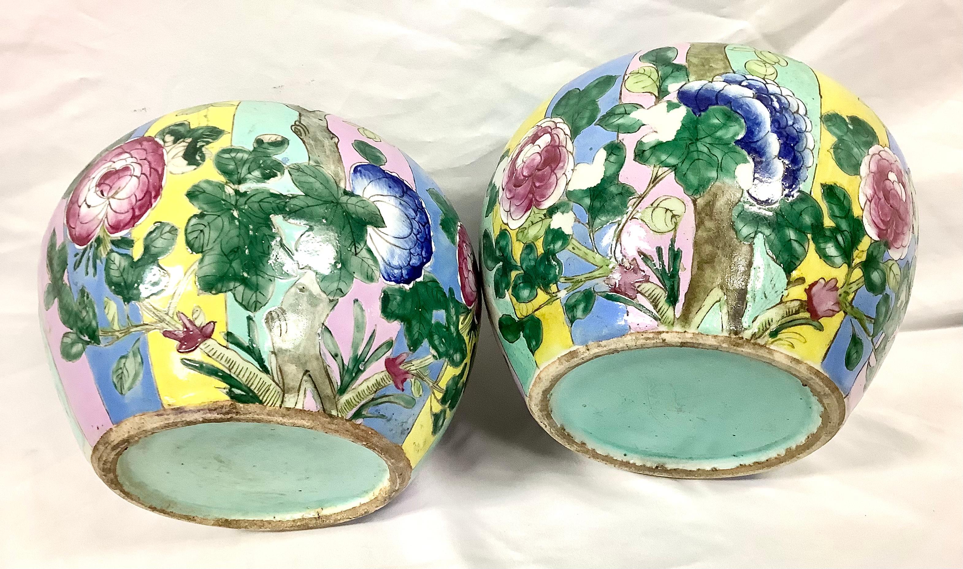 Ceramic Pair of Chinese Famille Rose Porcelain Ginger Jars with Lids