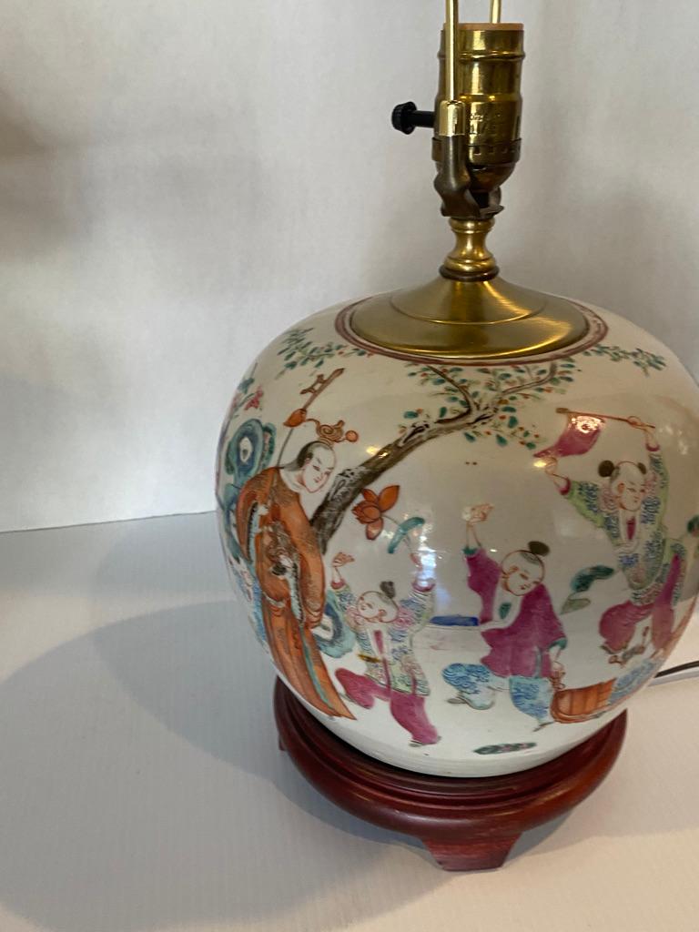 Chinese Export Pair of Chinese Famille Rose Porcelain Hand Painted Lamps For Sale
