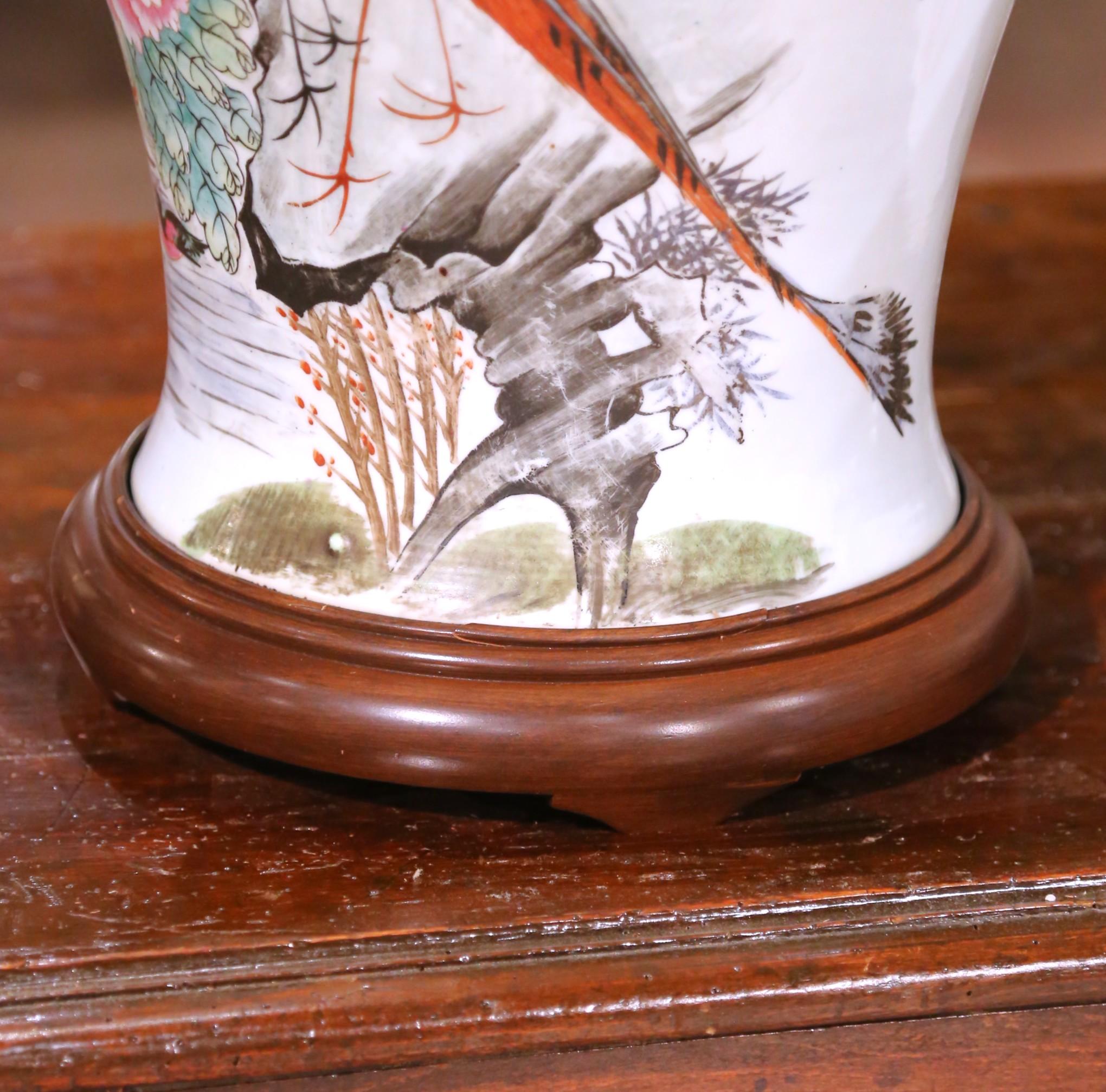 Pair of Chinese Famille Rose Porcelain Lamps with Birds, Flowers and Calligraphy For Sale 5