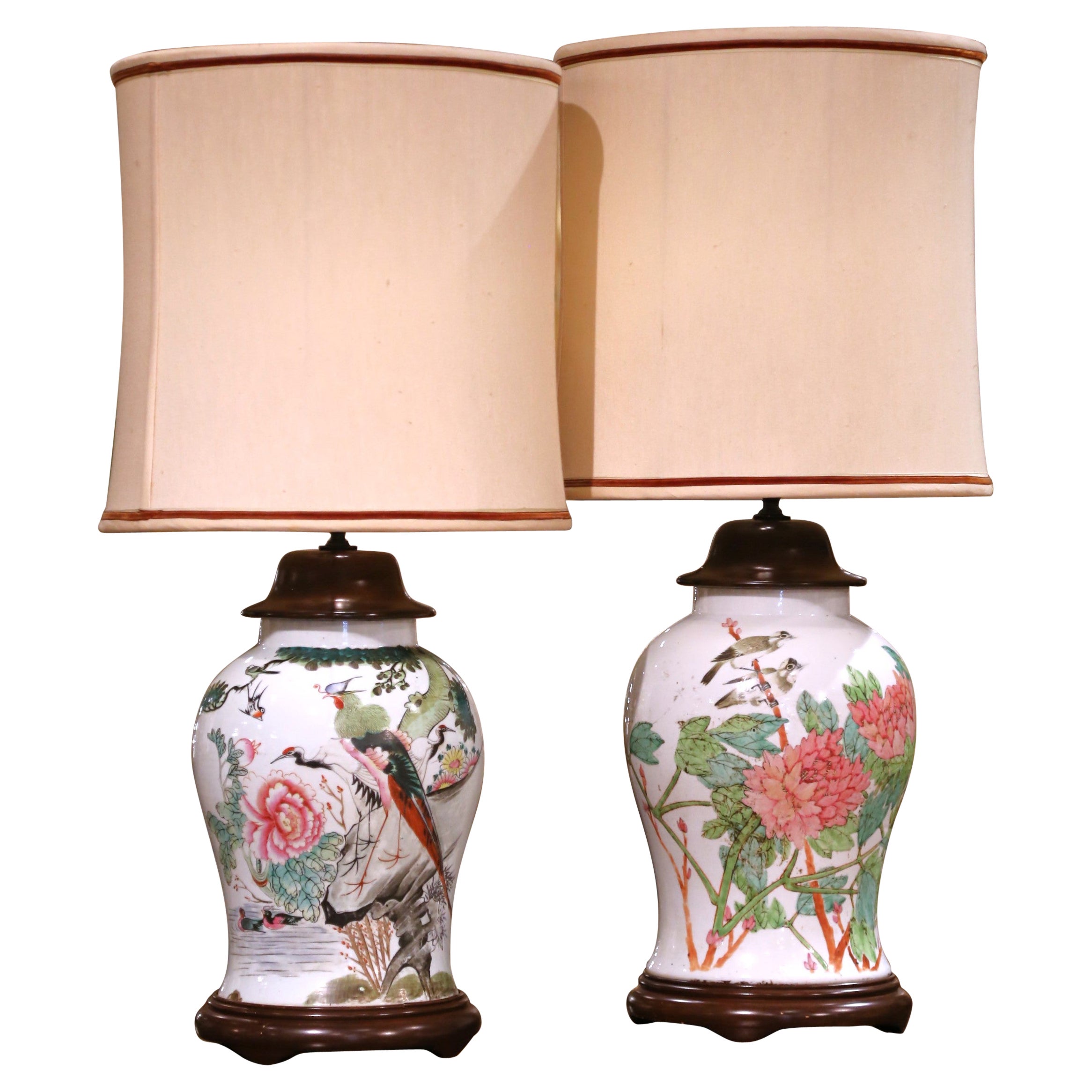 Pair of Chinese Famille Rose Porcelain Lamps with Birds, Flowers and Calligraphy For Sale