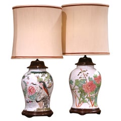 Pair of Chinese Famille Rose Porcelain Lamps with Birds, Flowers and Calligraphy