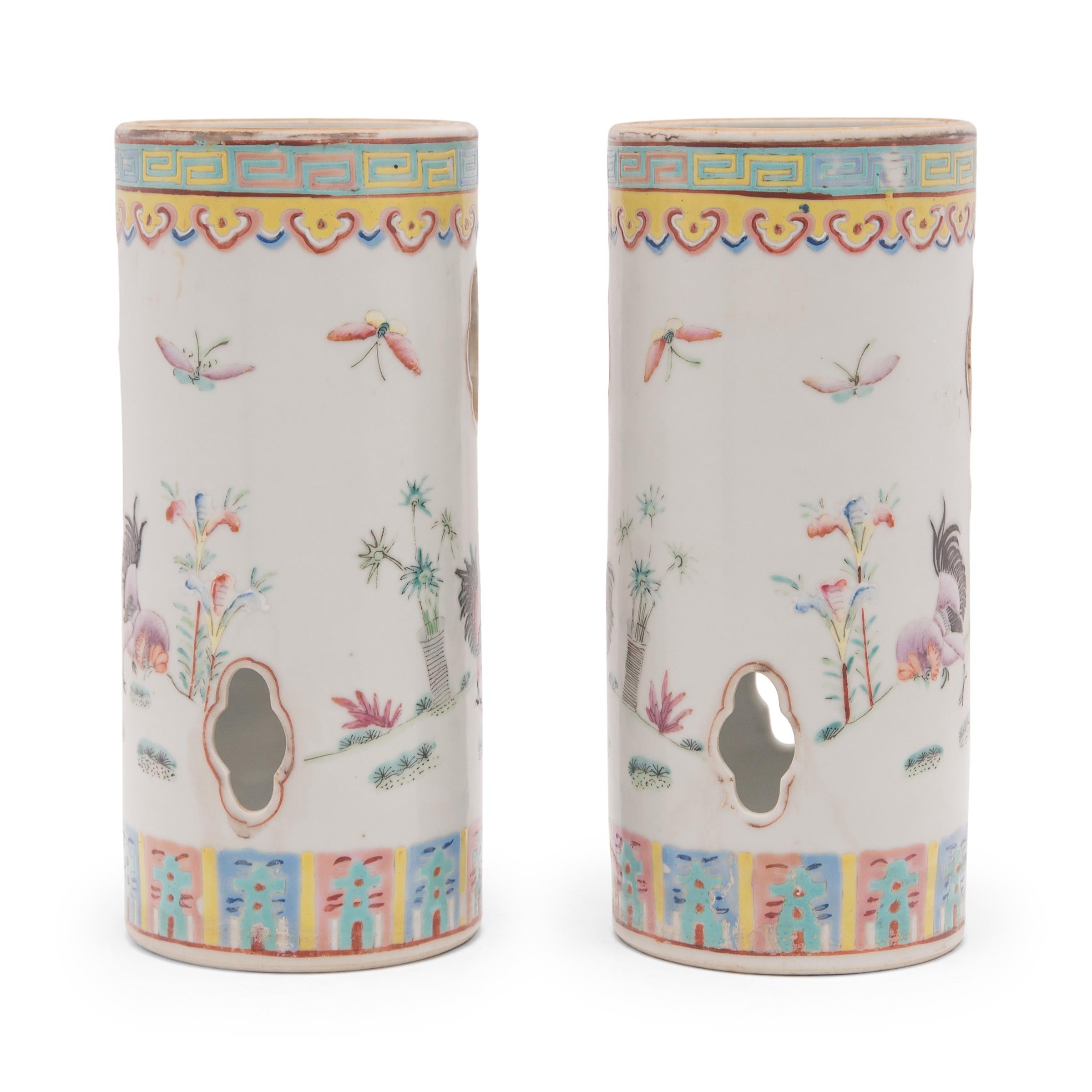 Qing Pair of Chinese Famille Rose Rooster Hat Stands, c. 1900