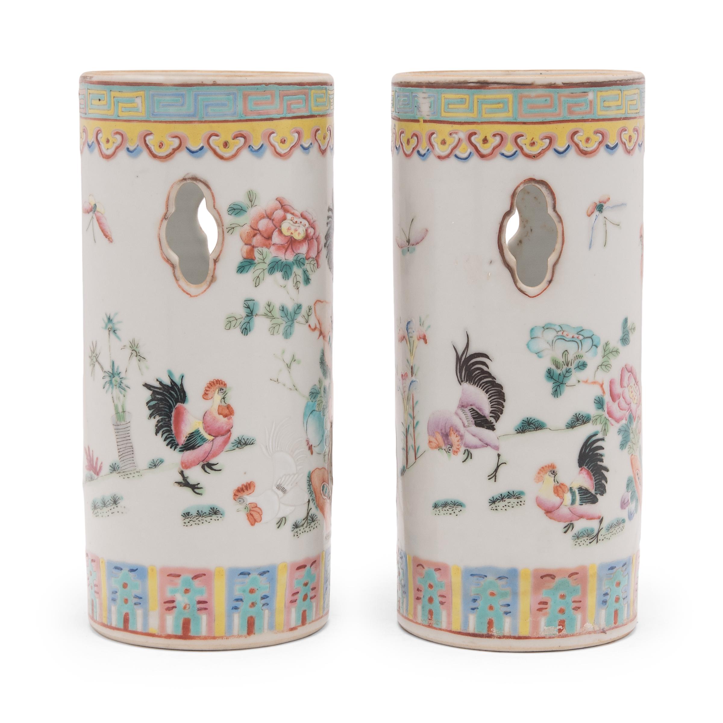 Enameled Pair of Chinese Famille Rose Rooster Hat Stands, c. 1900