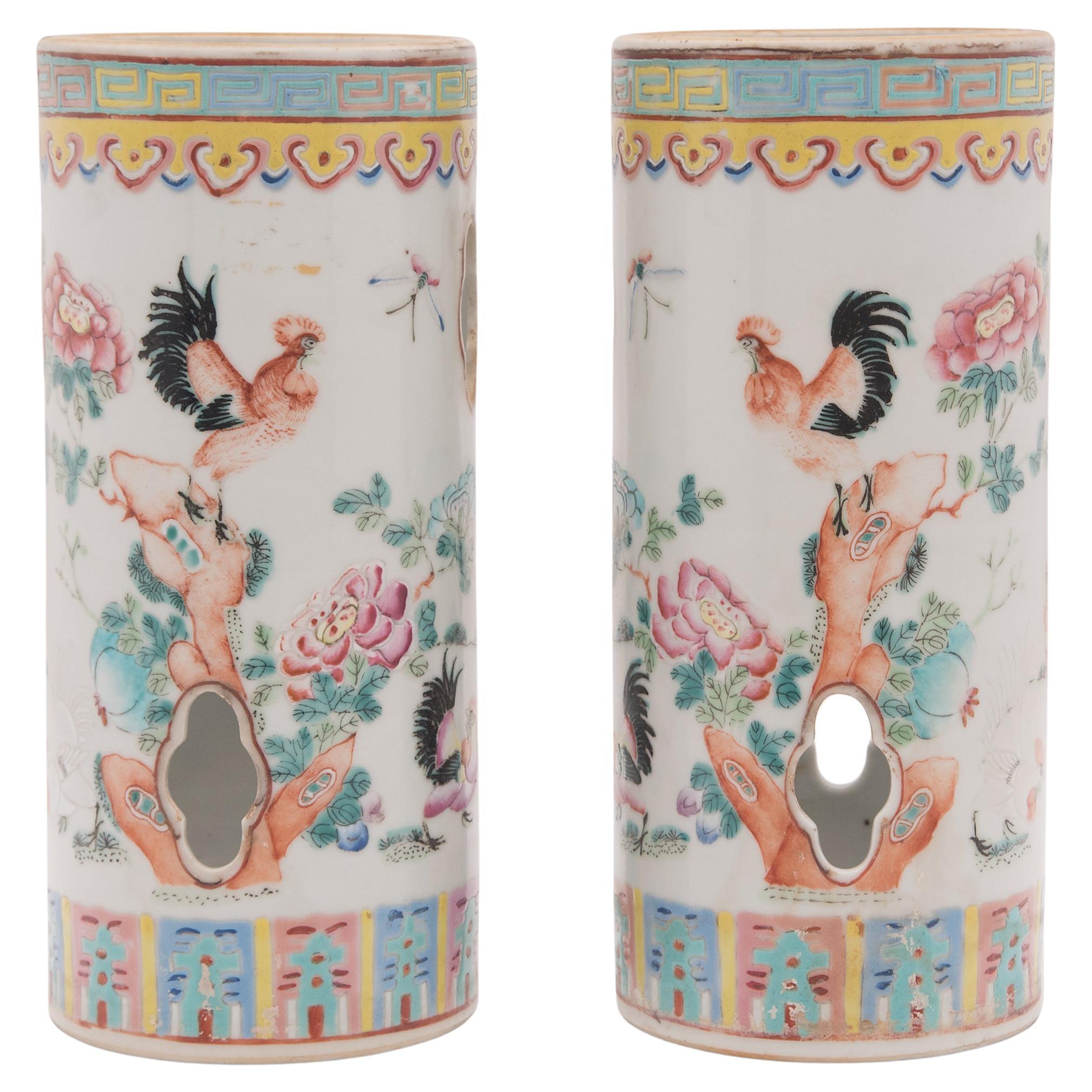 Pair of Chinese Famille Rose Rooster Hat Stands, c. 1900