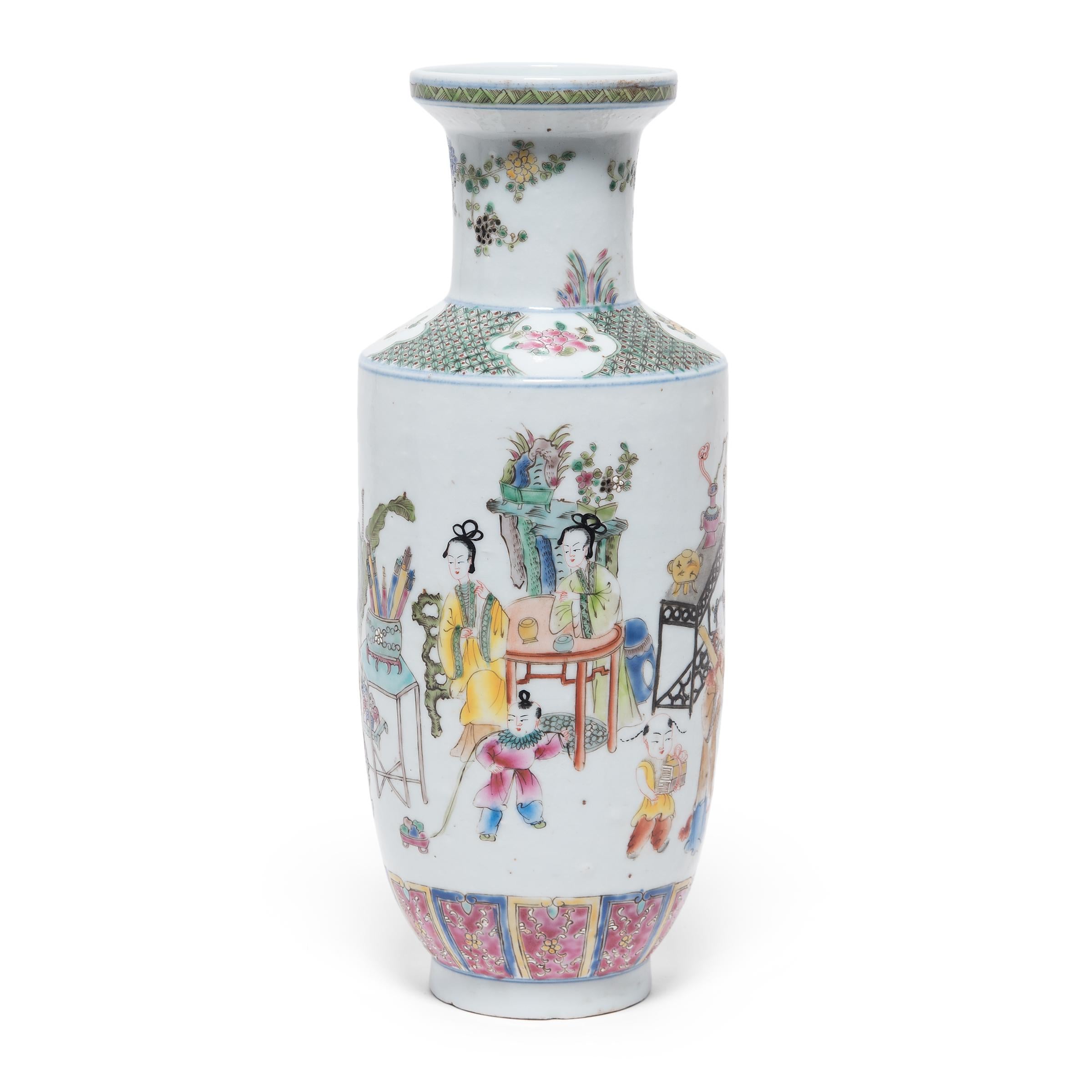 Qing Pair of Chinese Famille Rose Rouleau Vases, c. 1900 For Sale