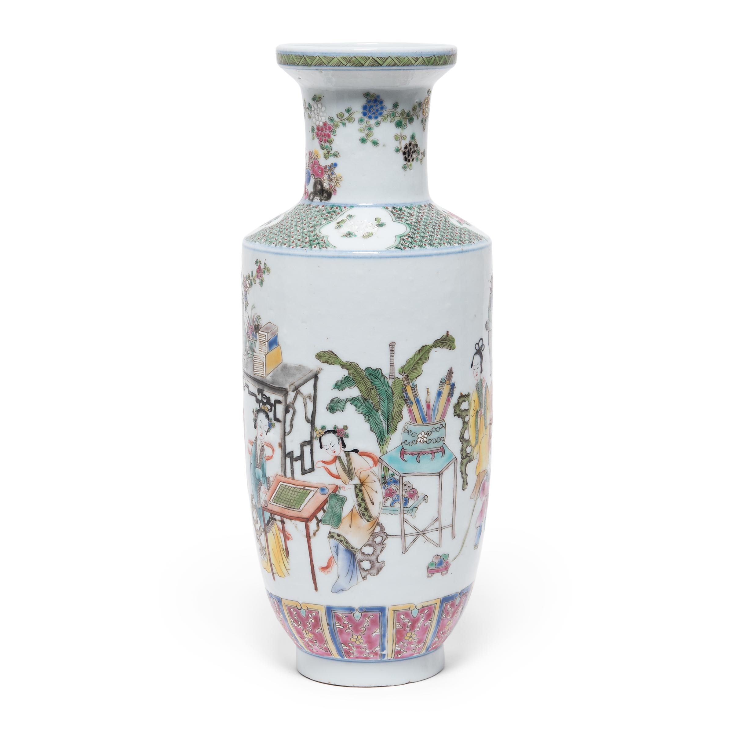 Enameled Pair of Chinese Famille Rose Rouleau Vases, c. 1900 For Sale