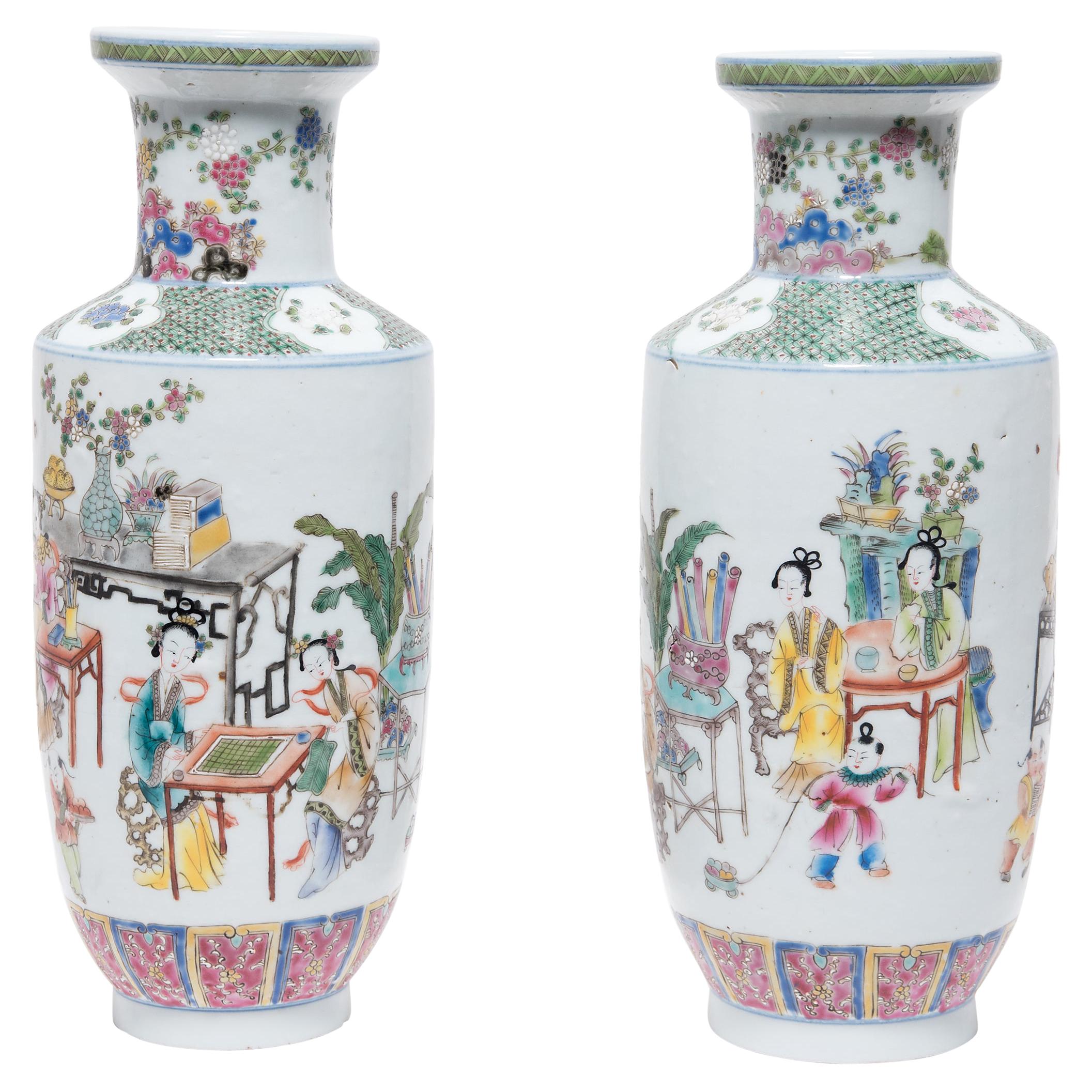 Pair of Chinese Famille Rose Rouleau Vases, c. 1900