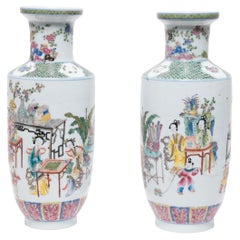 Vintage Pair of Chinese Famille Rose Rouleau Vases, c. 1900