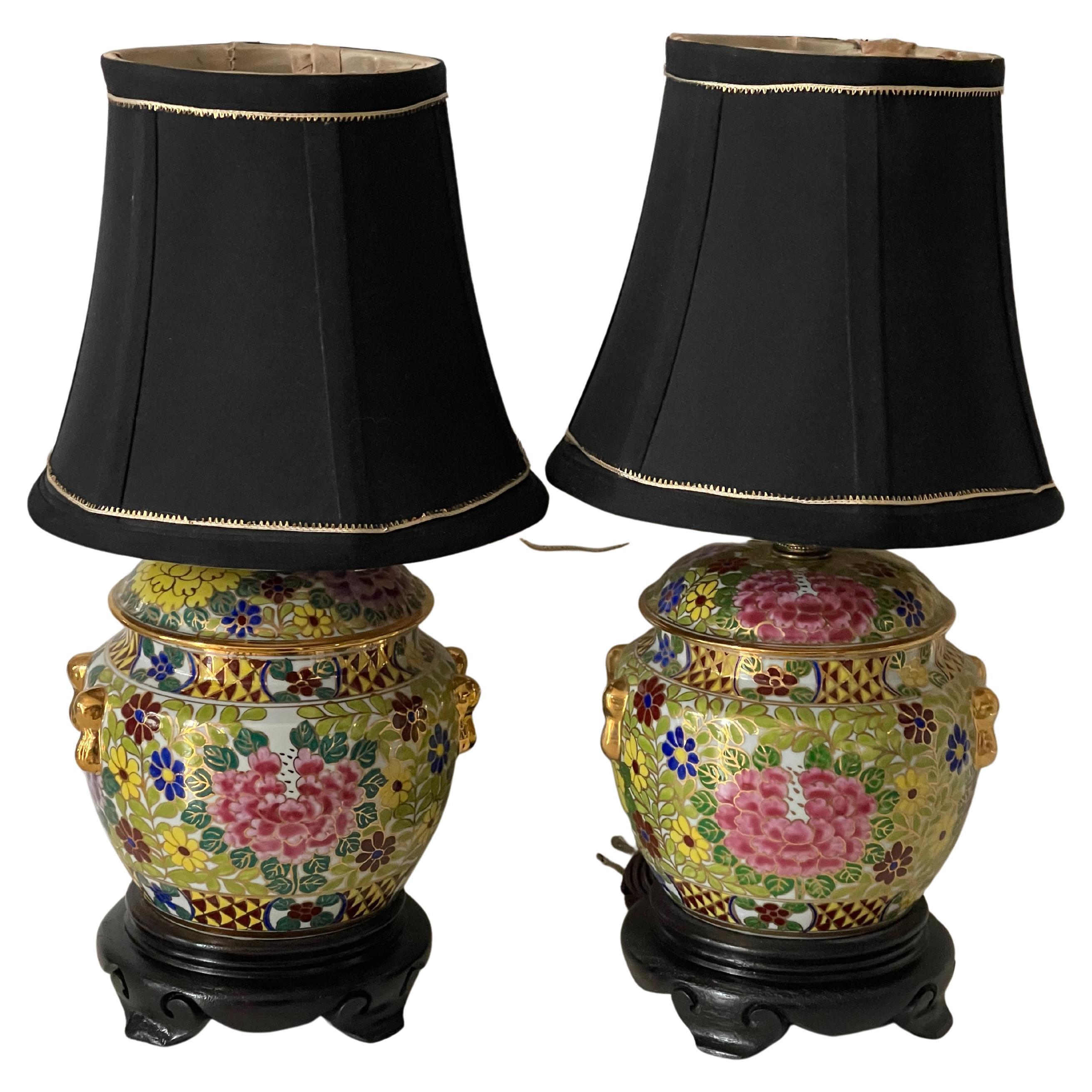 Pair of Chinese Famille Rose Small Lamps on Stands