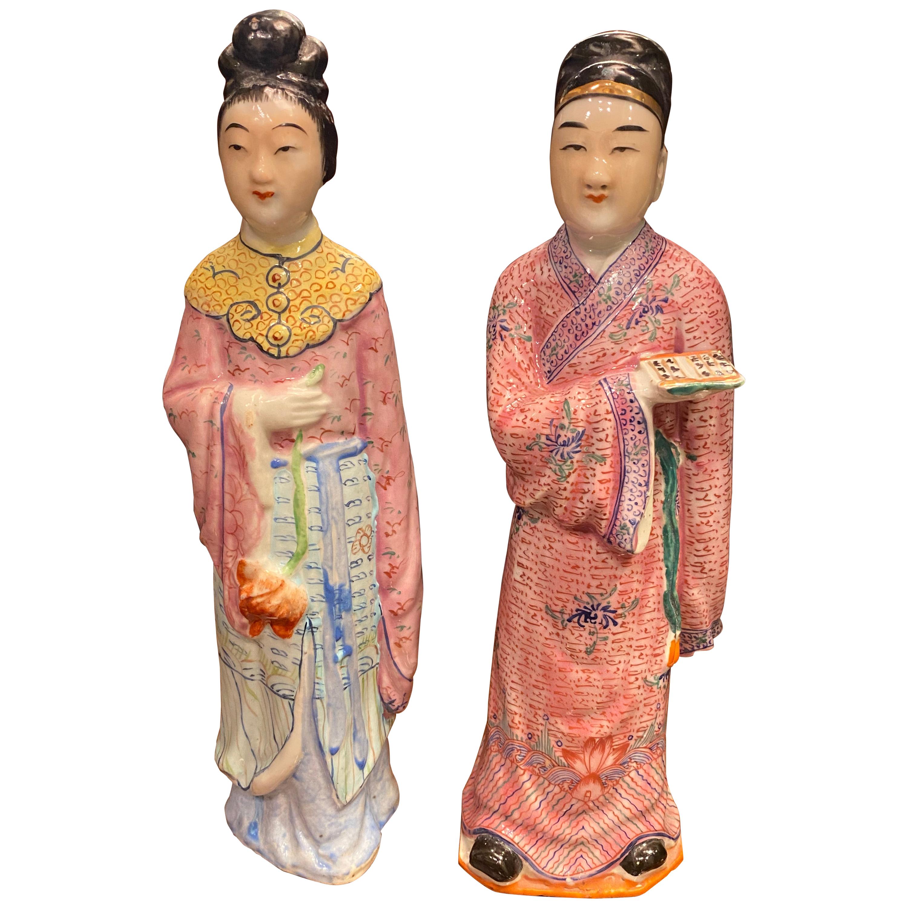 Pair of Chinese Famille Rose Statues Male and Female For Sale