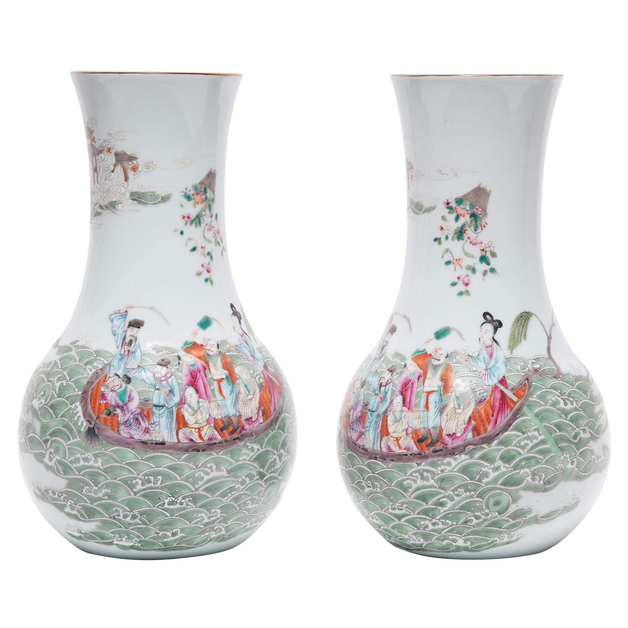 Pair of Chinese Famille Rose Vases with Eight Immortals, c. 1900