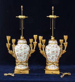 Pair of Chinese Famille Vert Porcelain & French Ormolu Mounted Candelabra Lamps