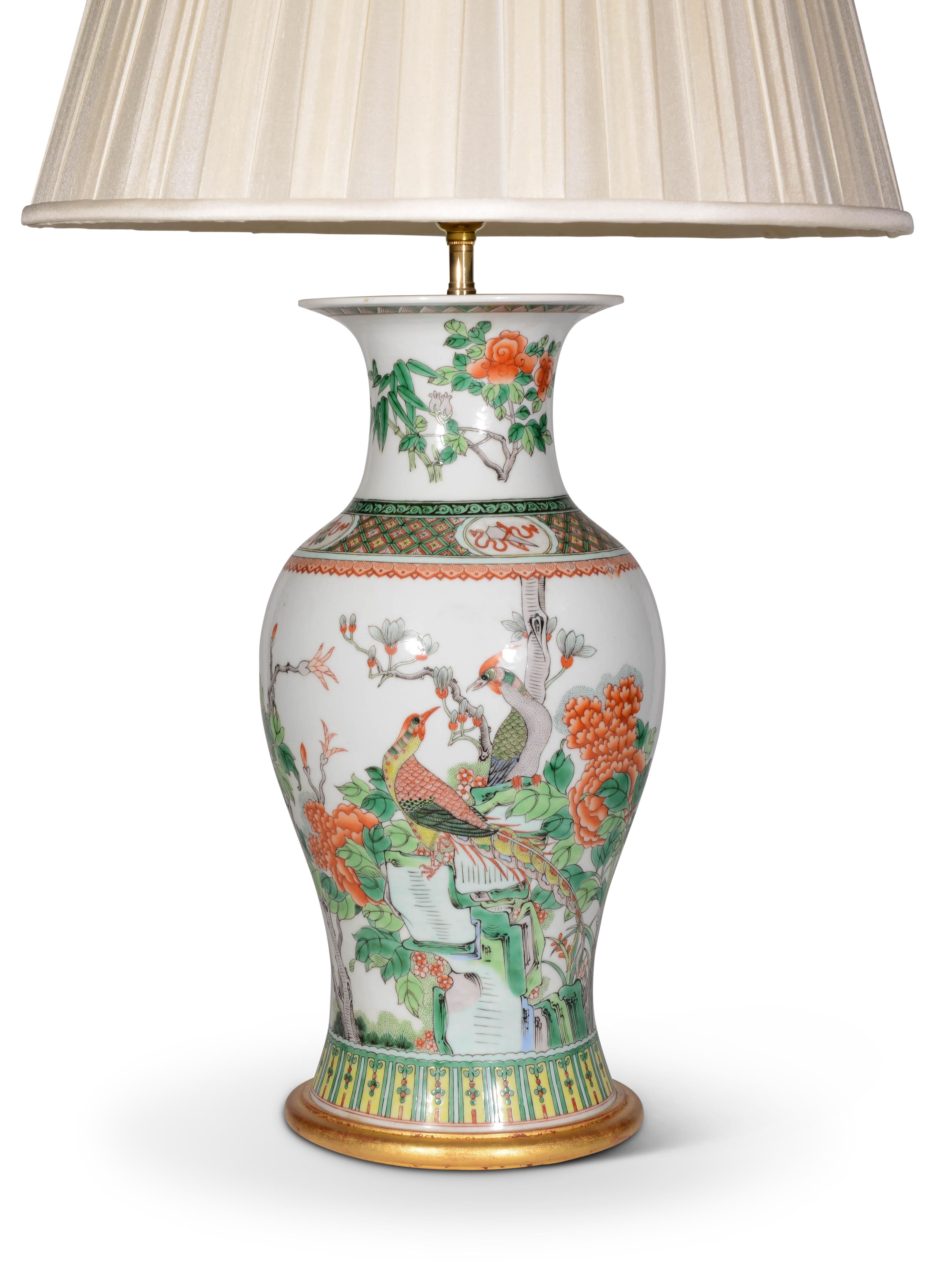 Glazed Pair of Chinese Famille Verte Baluster Antique Table Lamps For Sale