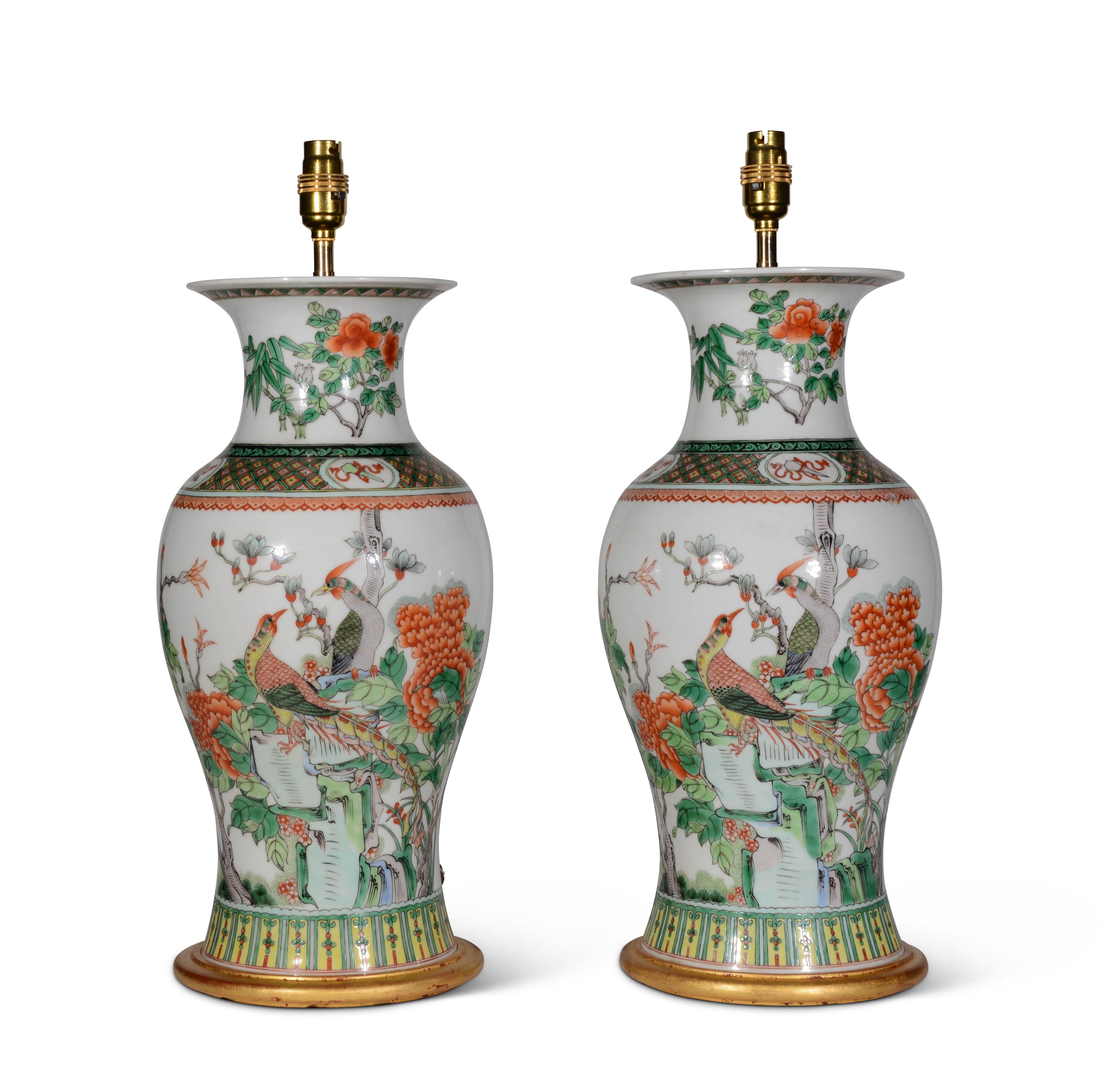 Pair of Chinese Famille Verte Baluster Antique Table Lamps In Good Condition For Sale In London, GB