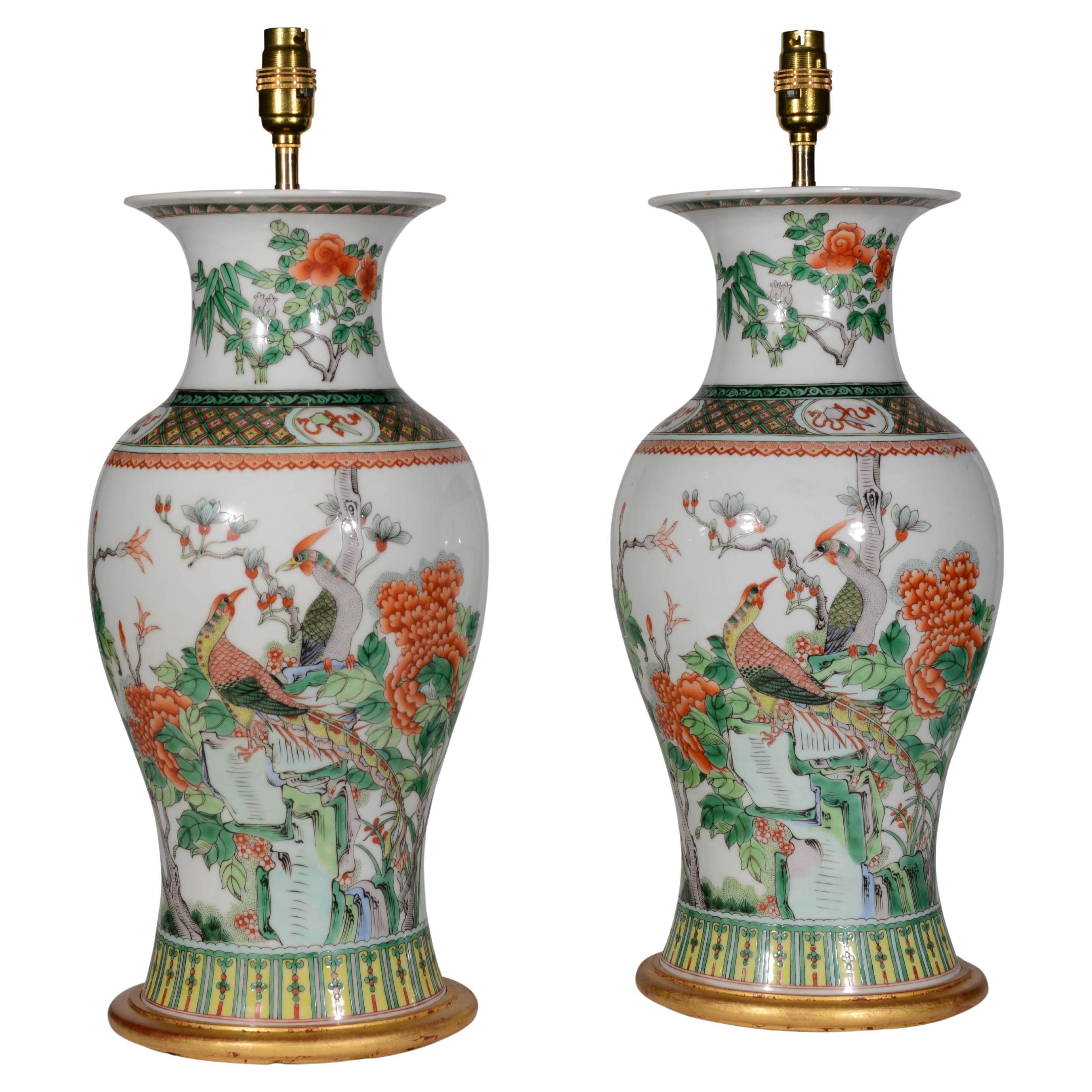 Pair of Chinese Famille Verte Baluster Antique Table Lamps For Sale