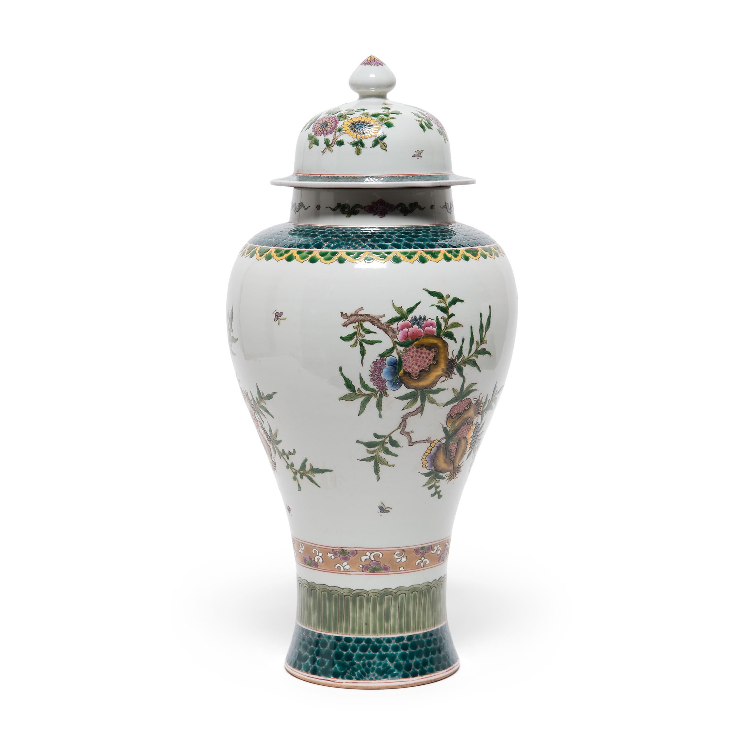 Chinese Export Pair of Chinese Famille Verte Baluster Jars with Pomegranates, c. 1900