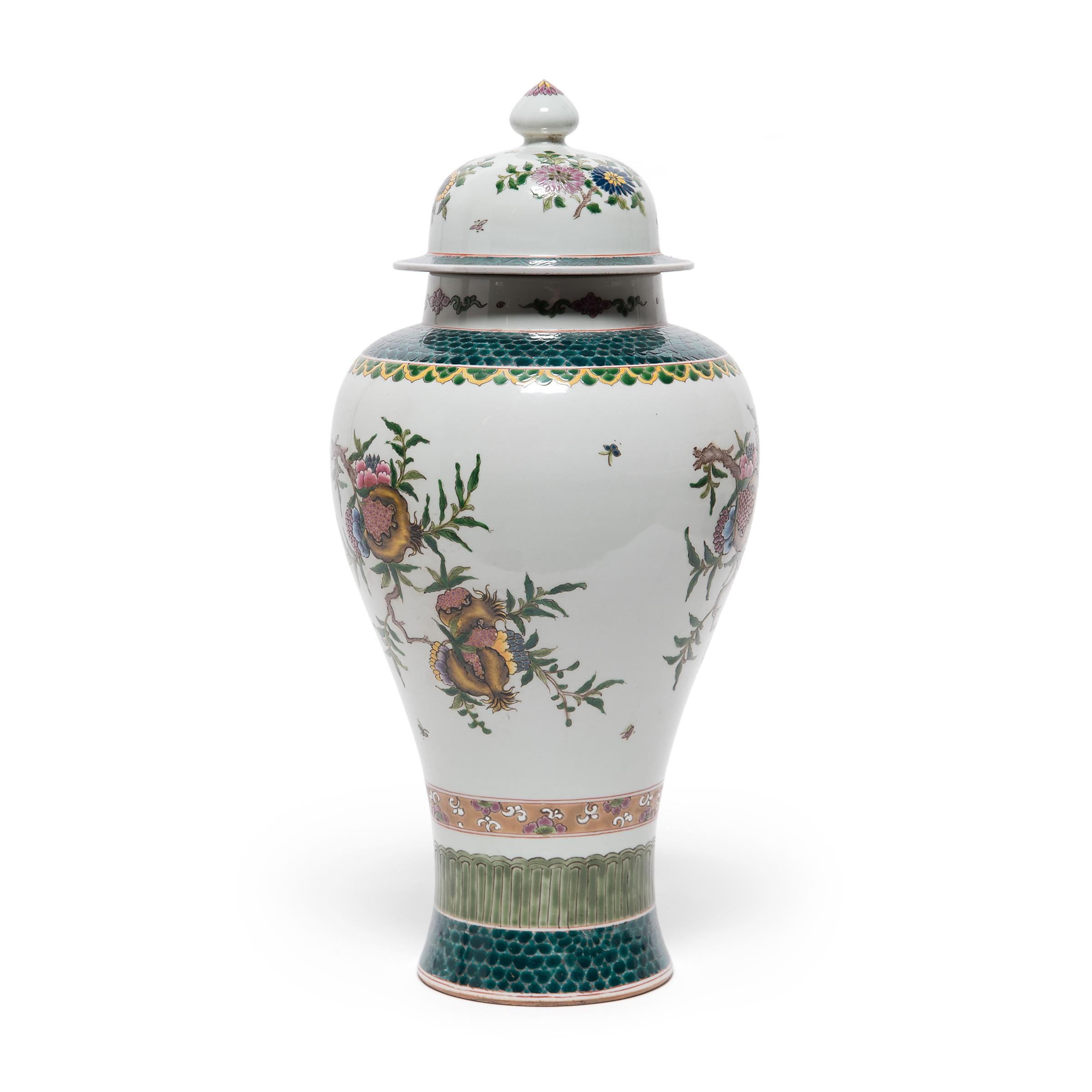 Enameled Pair of Chinese Famille Verte Baluster Jars with Pomegranates, c. 1900