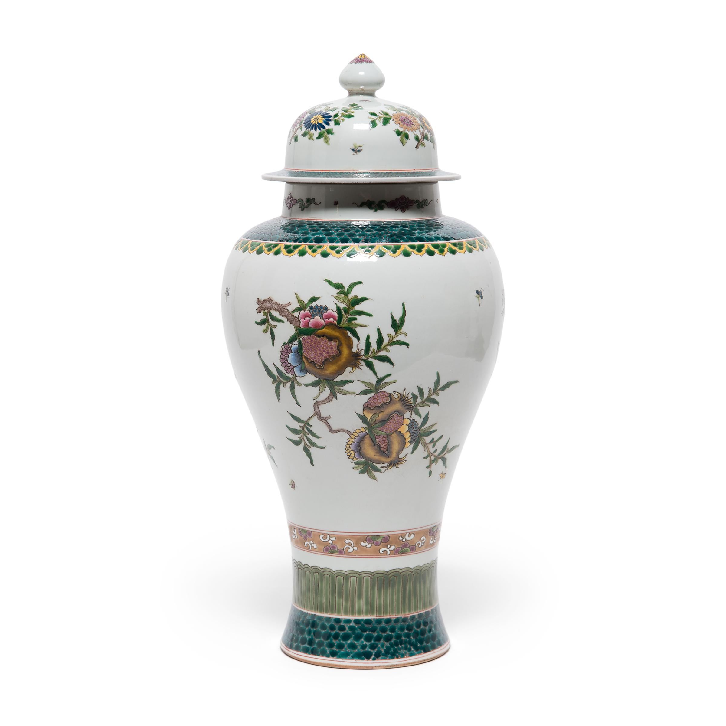 Pair of Chinese Famille Verte Baluster Jars with Pomegranates, c. 1900 In Good Condition In Chicago, IL
