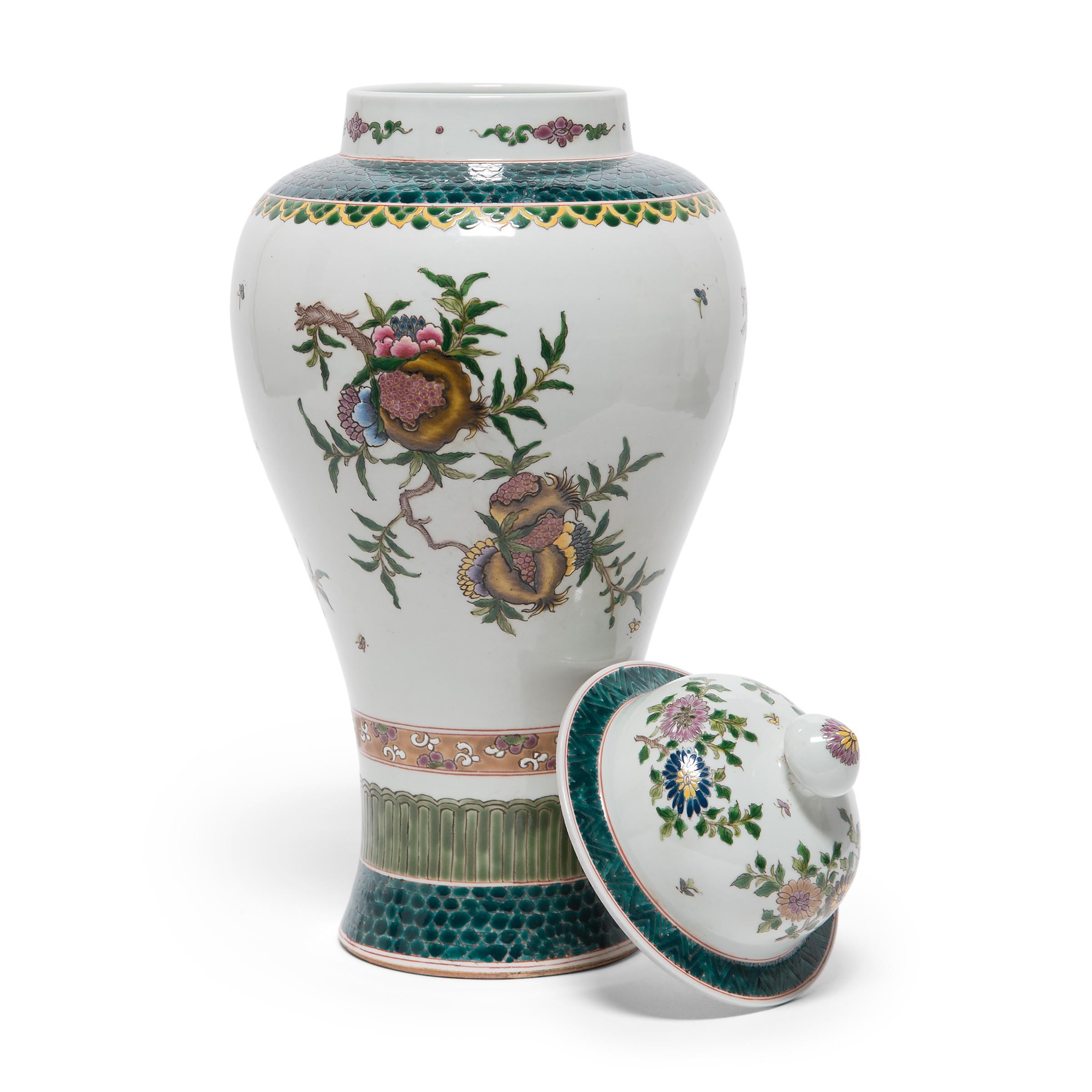 20th Century Pair of Chinese Famille Verte Baluster Jars with Pomegranates, c. 1900