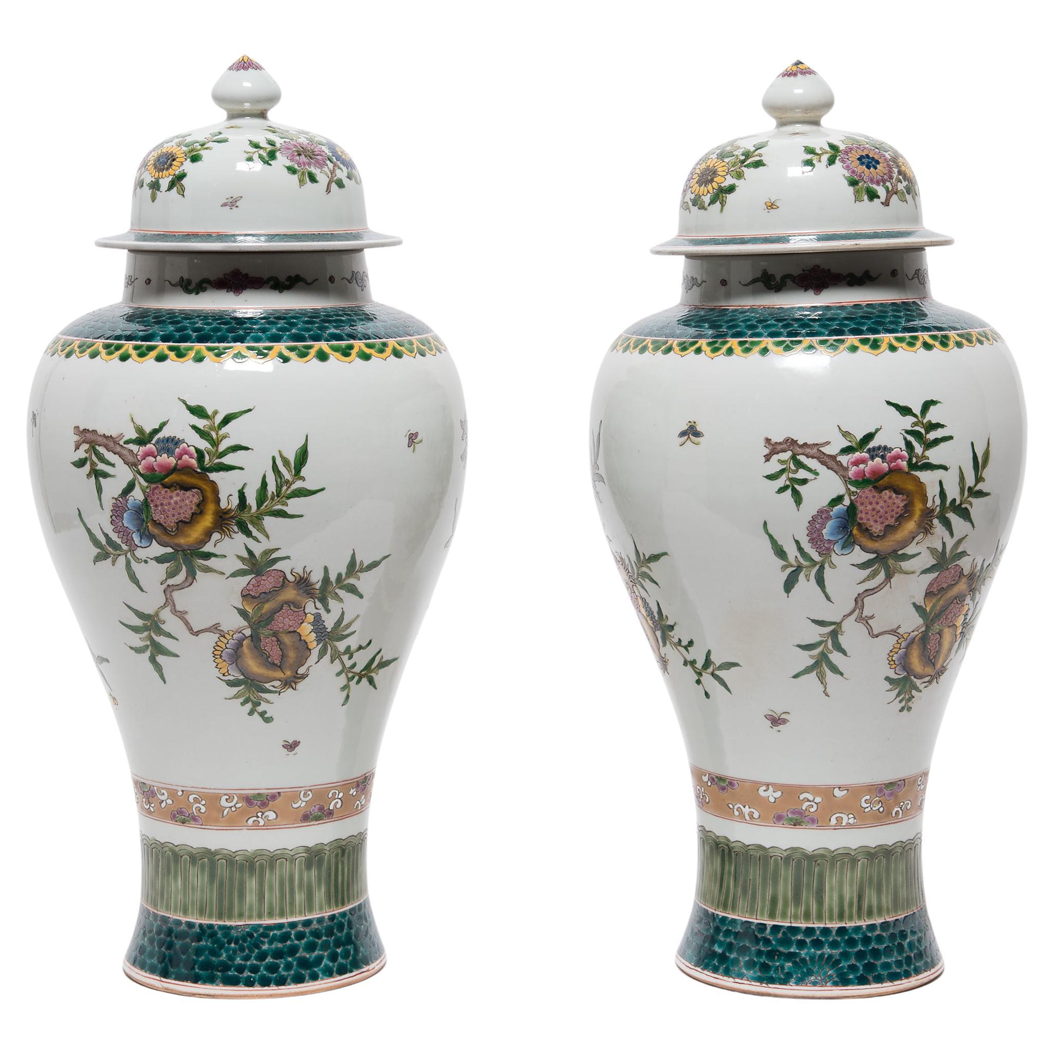 Pair of Chinese Famille Verte Baluster Jars with Pomegranates, c. 1900