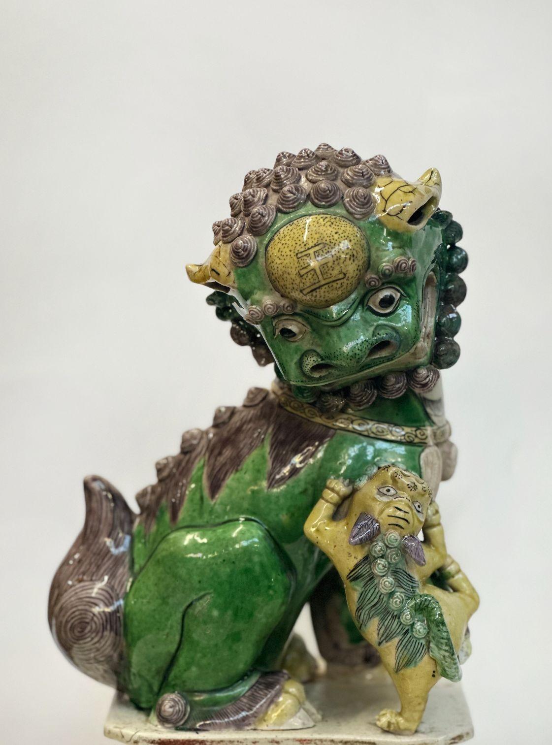 Late 17th Century Pair of Chinese Famille Verte Buddhist Lions from the Kangxi Period For Sale