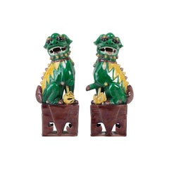 Pair of Chinese Famille Verte Foo Dogs on Stands