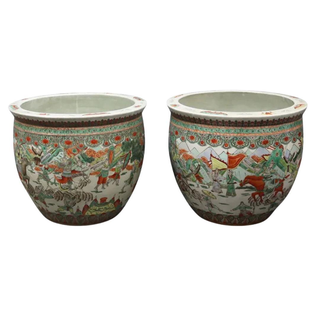 Pair of Chinese Famille Verte Large Porcealin Planters For Sale