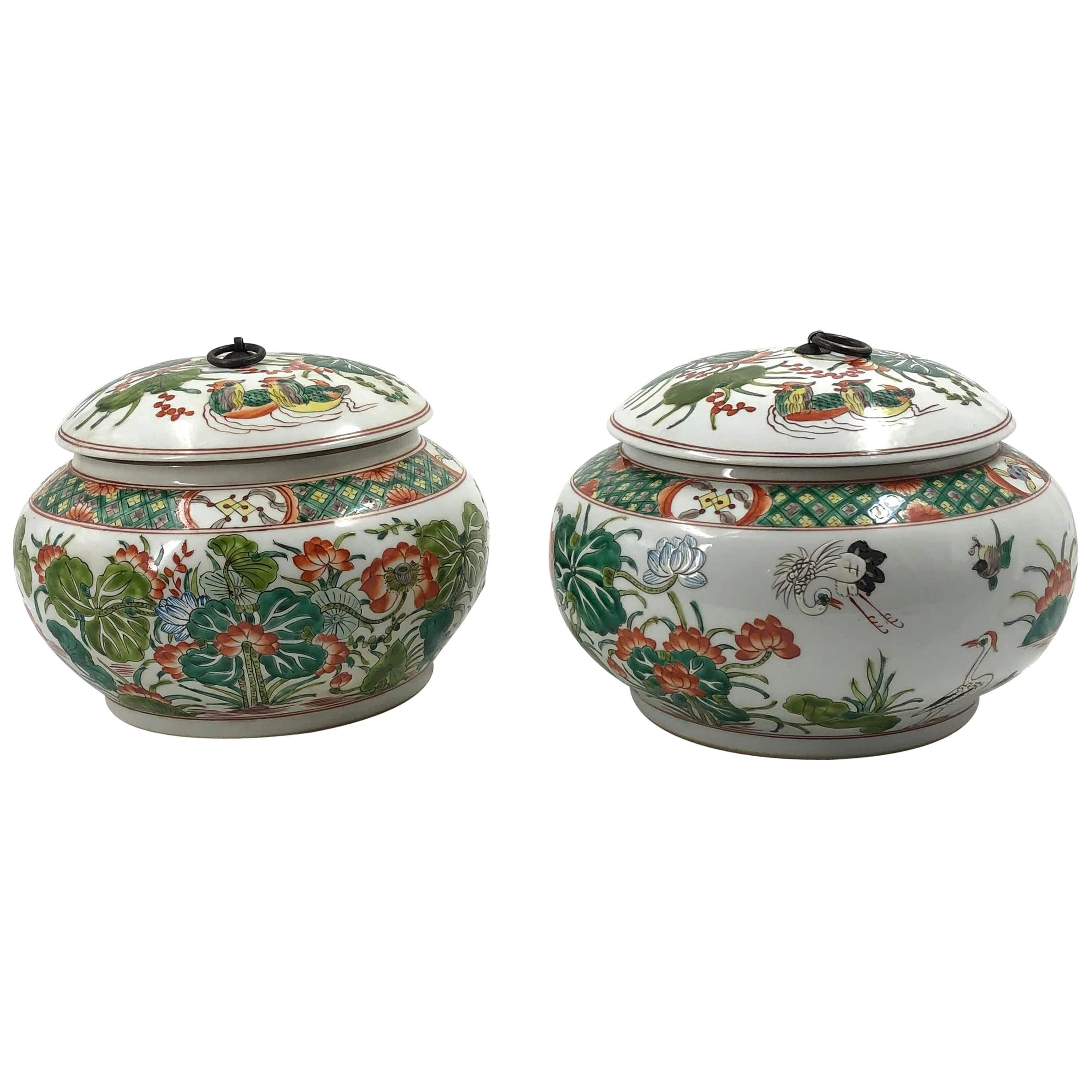 Pair of Chinese Famille Verte Lidded Jars For Sale